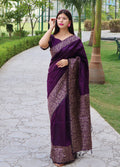 Deep purple handloom raw silk traditional saree with a decorative printed border