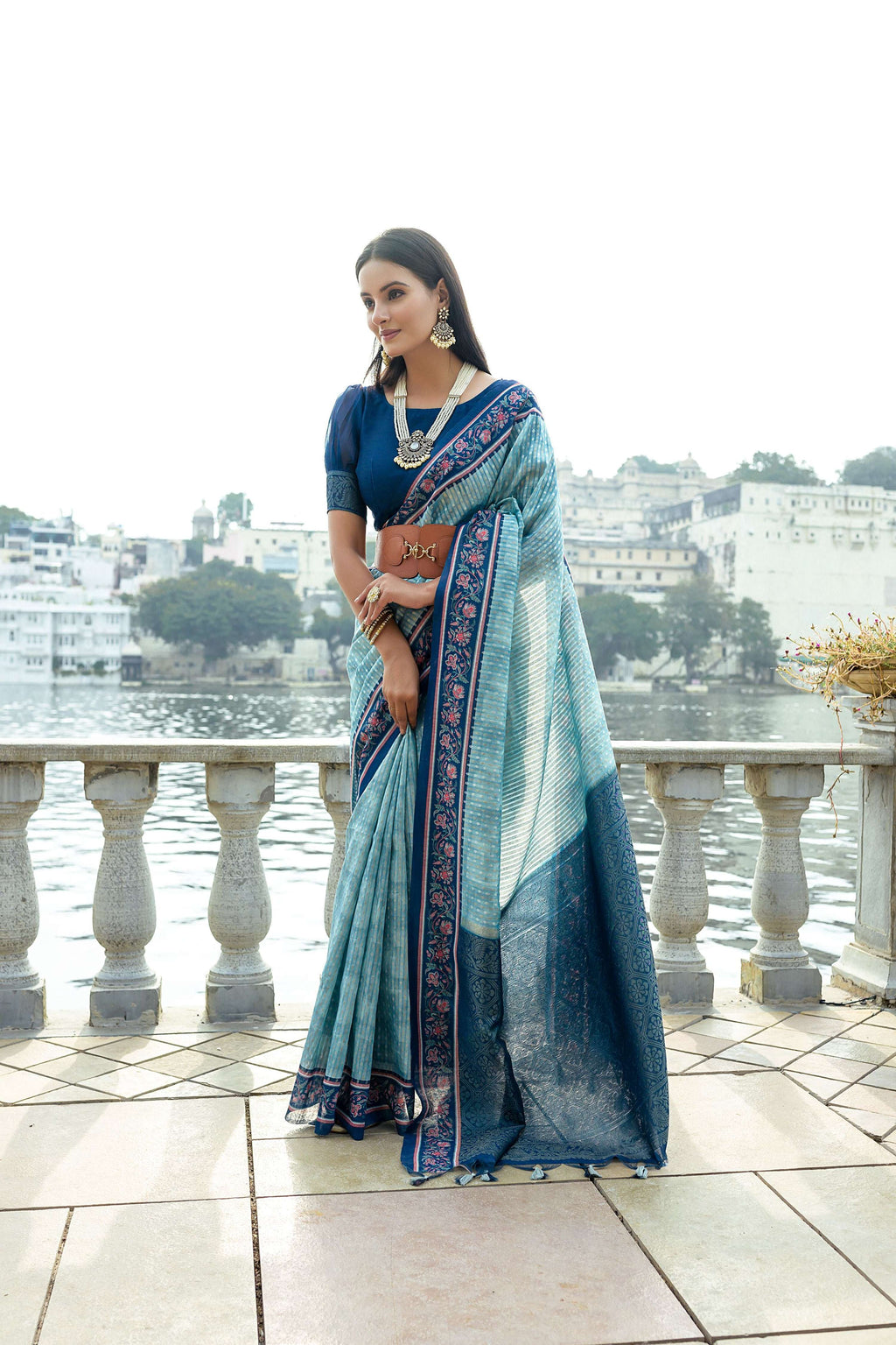 Firozi Soft Silk Zari Woven Traditional Saree with Unstitched Blouse