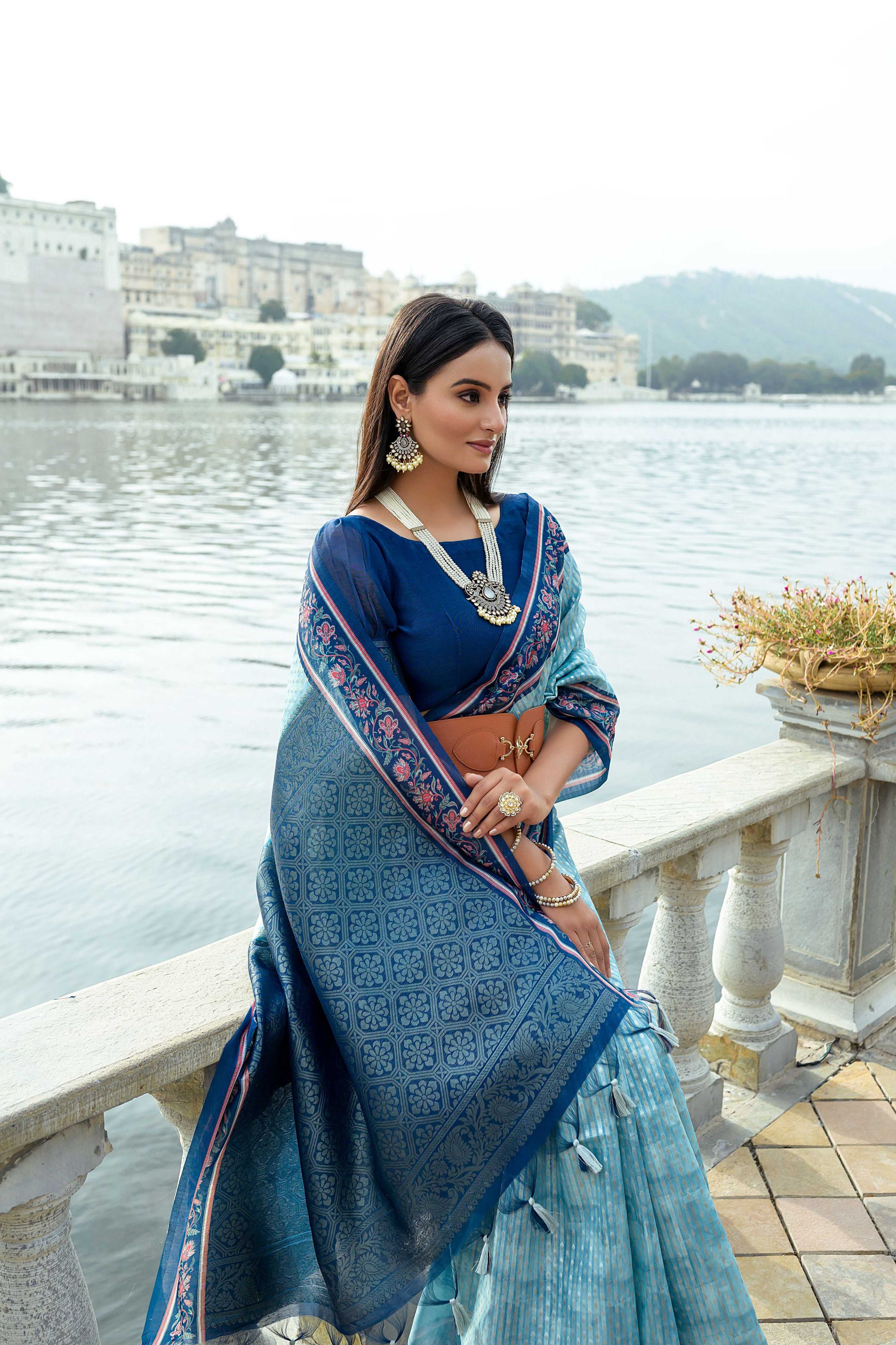 Firozi Soft Silk Zari Woven Traditional Saree with Unstitched Blouse