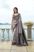 Grey soft silk traditional saree with intricate Zari woven border and blouse piece