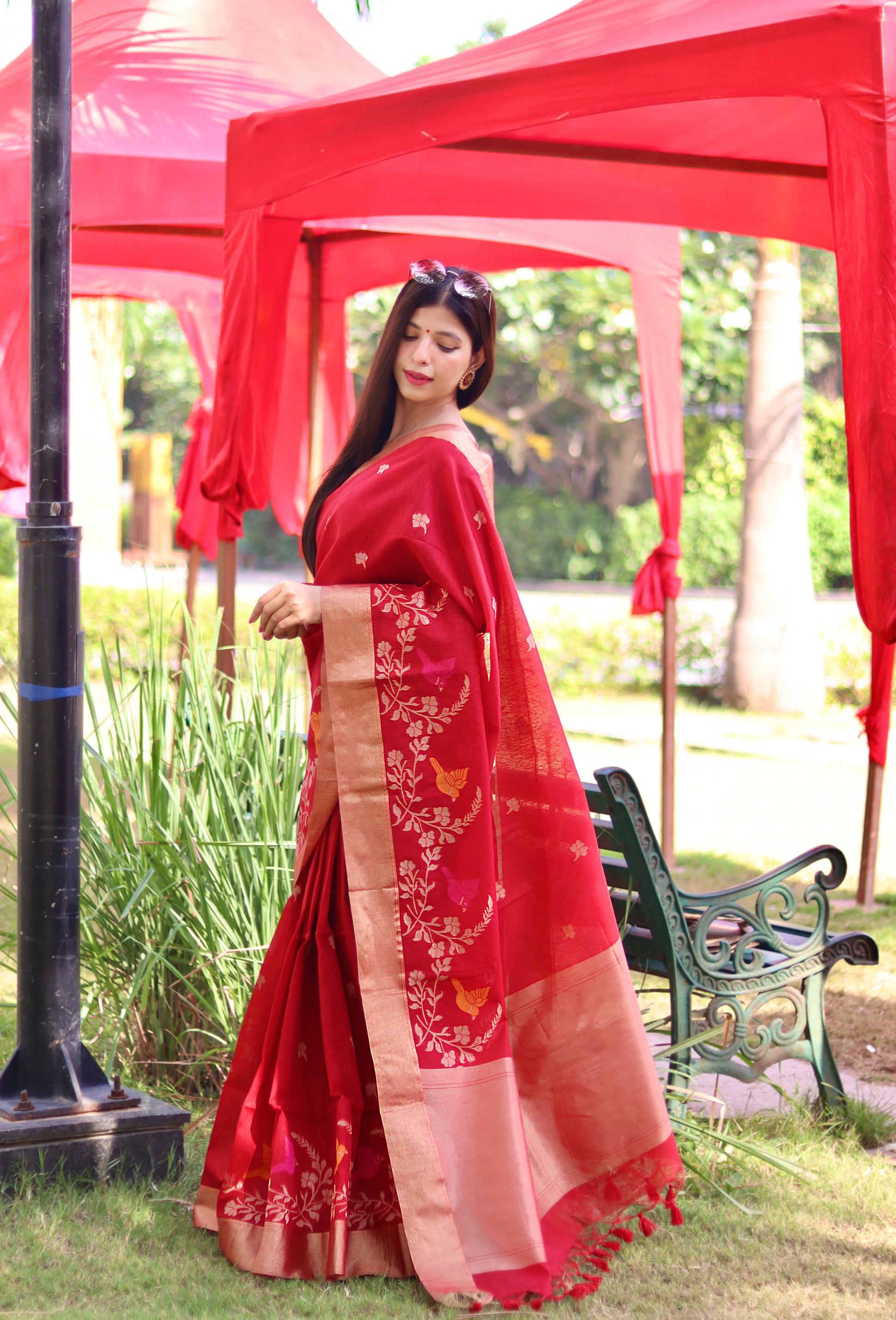 Red Linen Silk Saree with Traditional Zari Woven Design