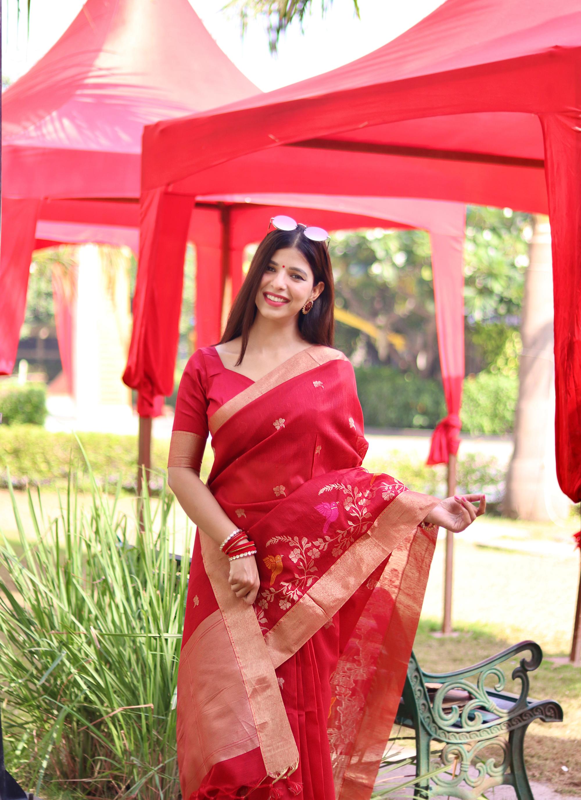 Red Linen Silk Saree with Traditional Zari Woven Design