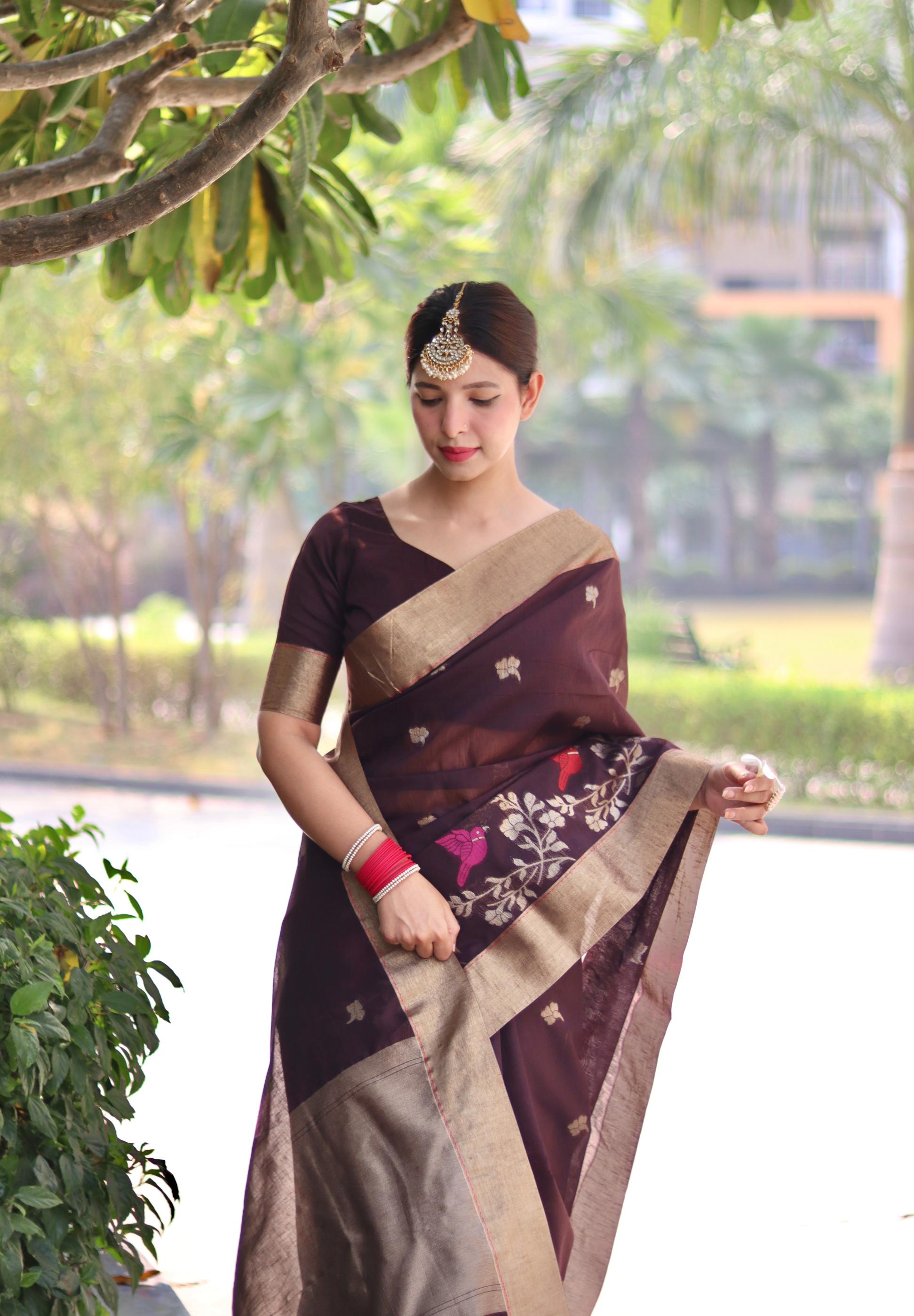 Coffee Linen Silk Saree with Zari Woven Border and Unstitched Blouse