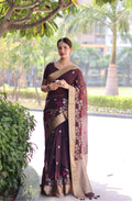 Elegant Coffee Linen Silk saree with Zari woven border and matching unstitched blouse piece