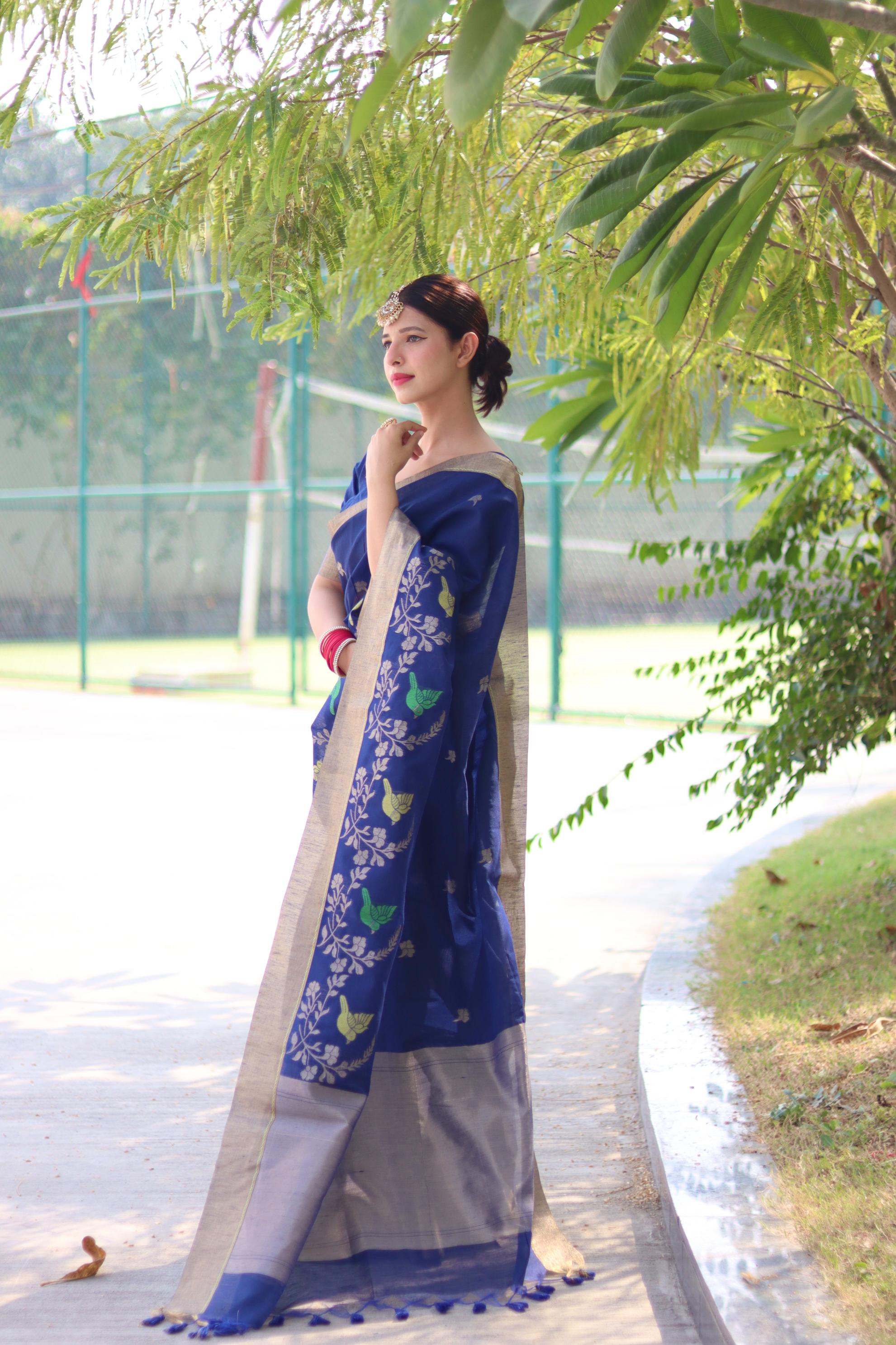 Blue Linen Silk Saree with Zari Woven Detail and Unstitched Blouse