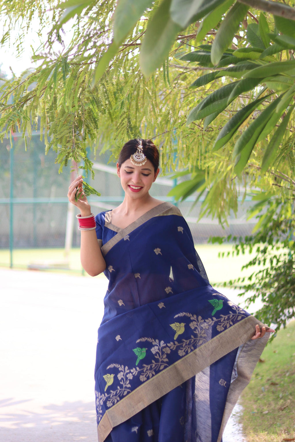 Blue Linen Silk Saree with Zari Woven Detail and Unstitched Blouse