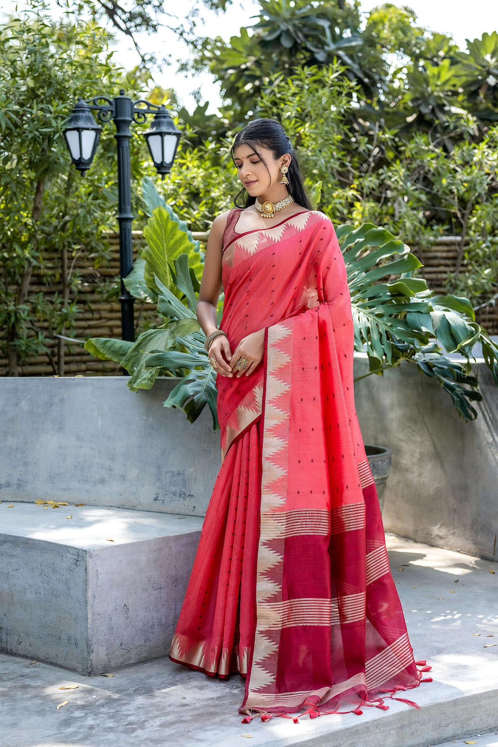 Coral Tussar Silk Saree with Traditional Temple Border & Zari