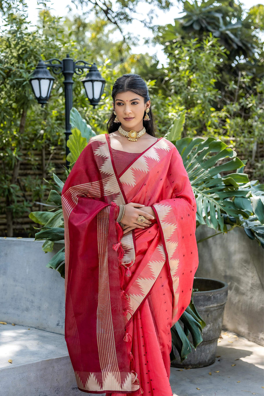 Coral Tussar Silk Saree with Traditional Temple Border & Zari