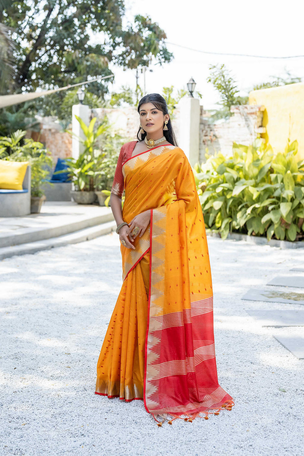 Mustard Tussar Silk Saree with Temple Border and Zari Lining