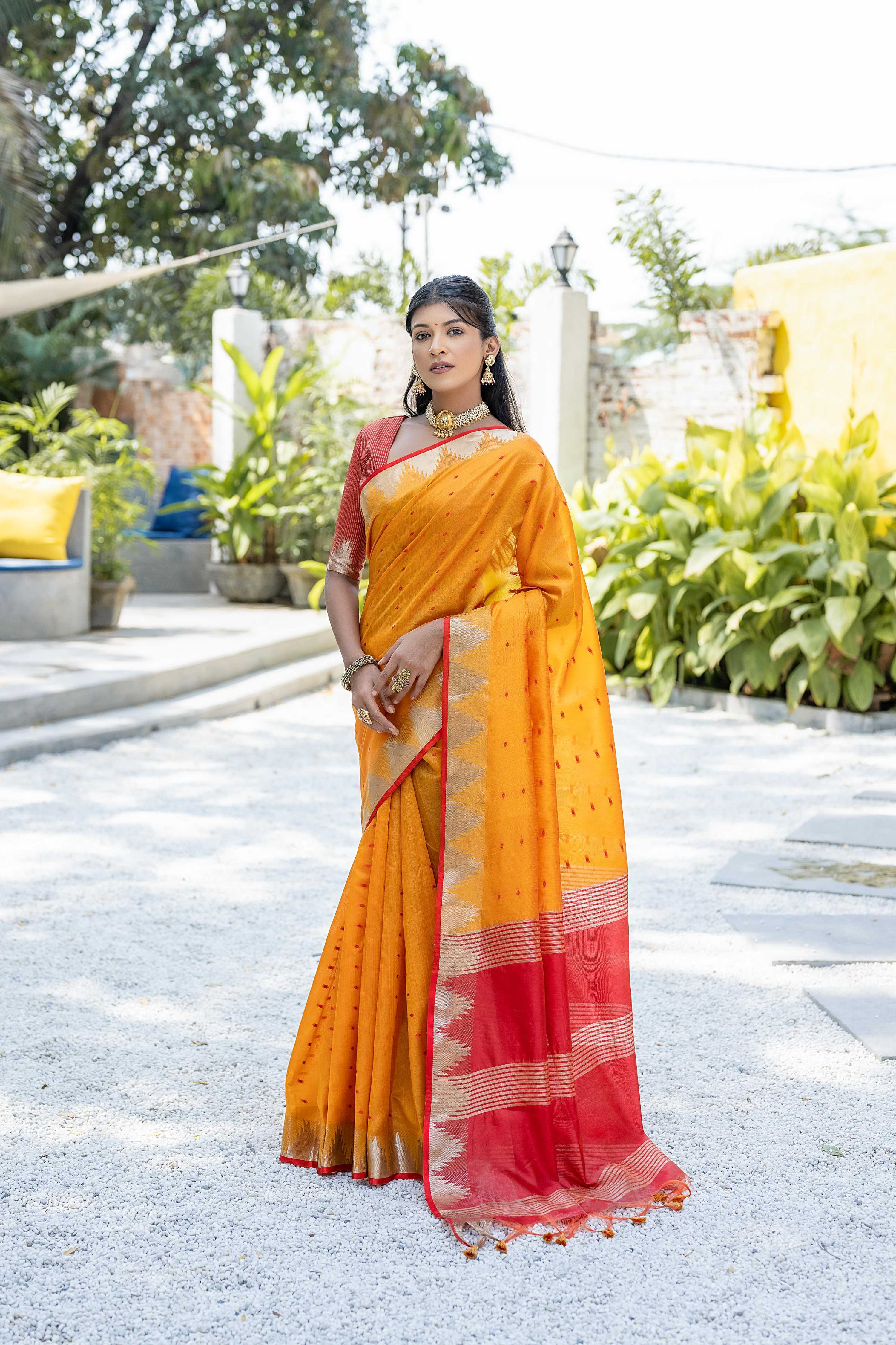 Mustard Tussar Silk Saree with Temple Border and Zari Lining