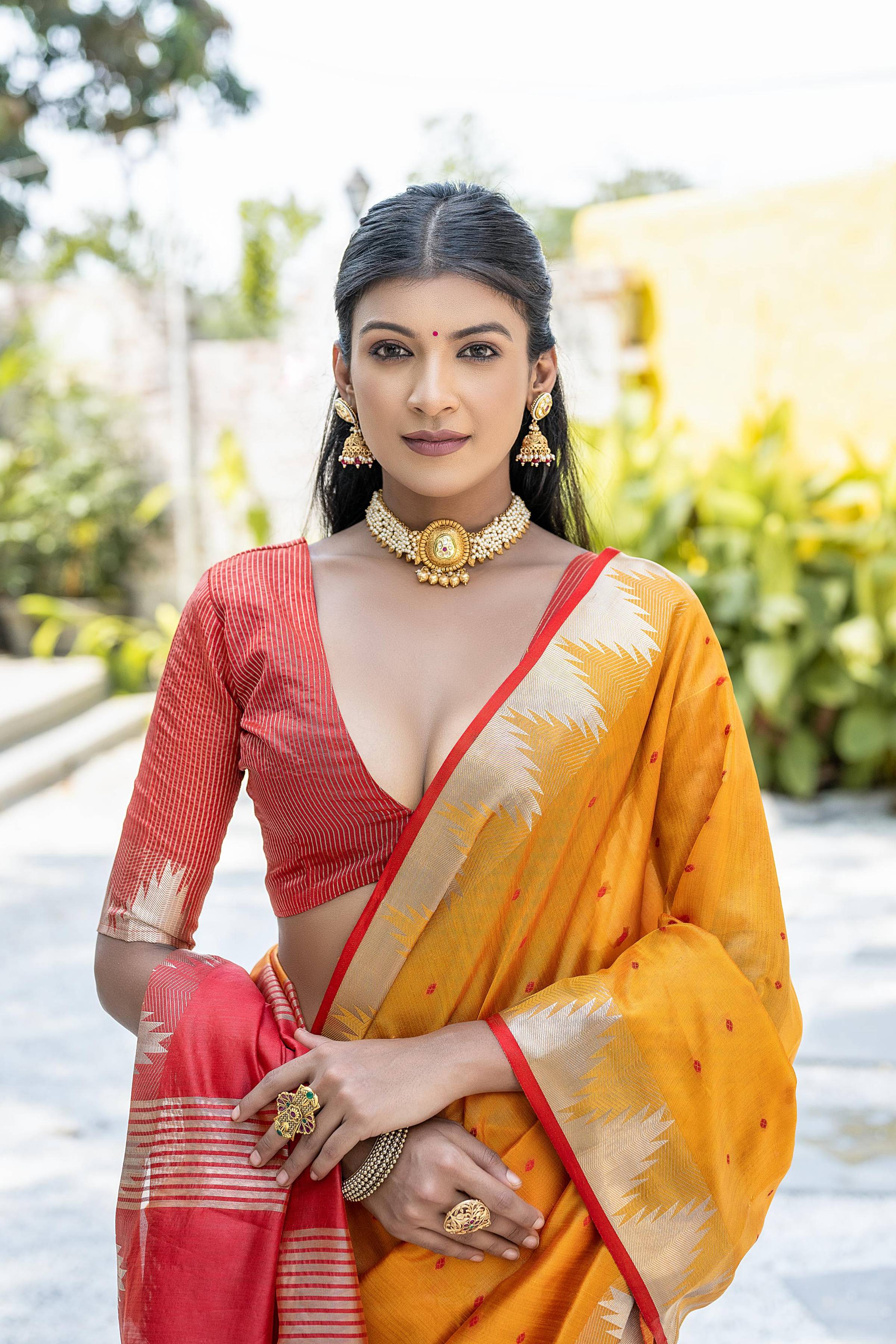 Mustard Tussar Silk Saree with Temple Border and Zari Lining