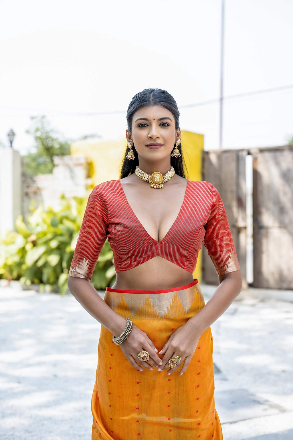 Mustard Tussar Silk Saree with Temple Border and Zari Lining