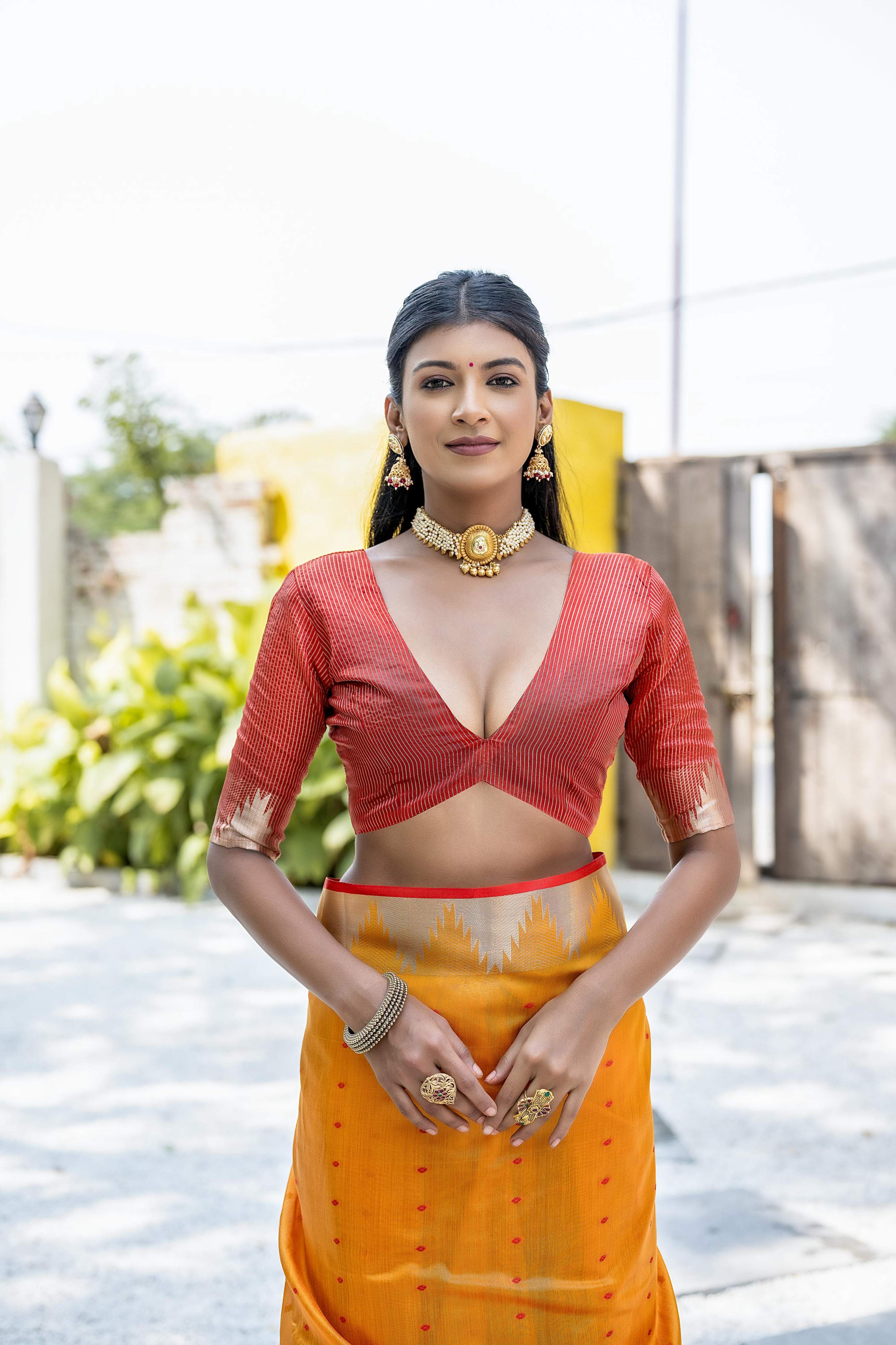Mustard Tussar Silk Saree with Temple Border and Zari Lining