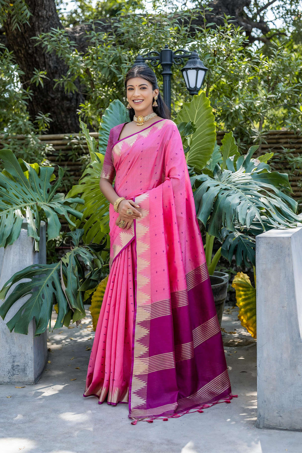 Pink Tussar Silk Saree with Traditional Temple Border & Zari