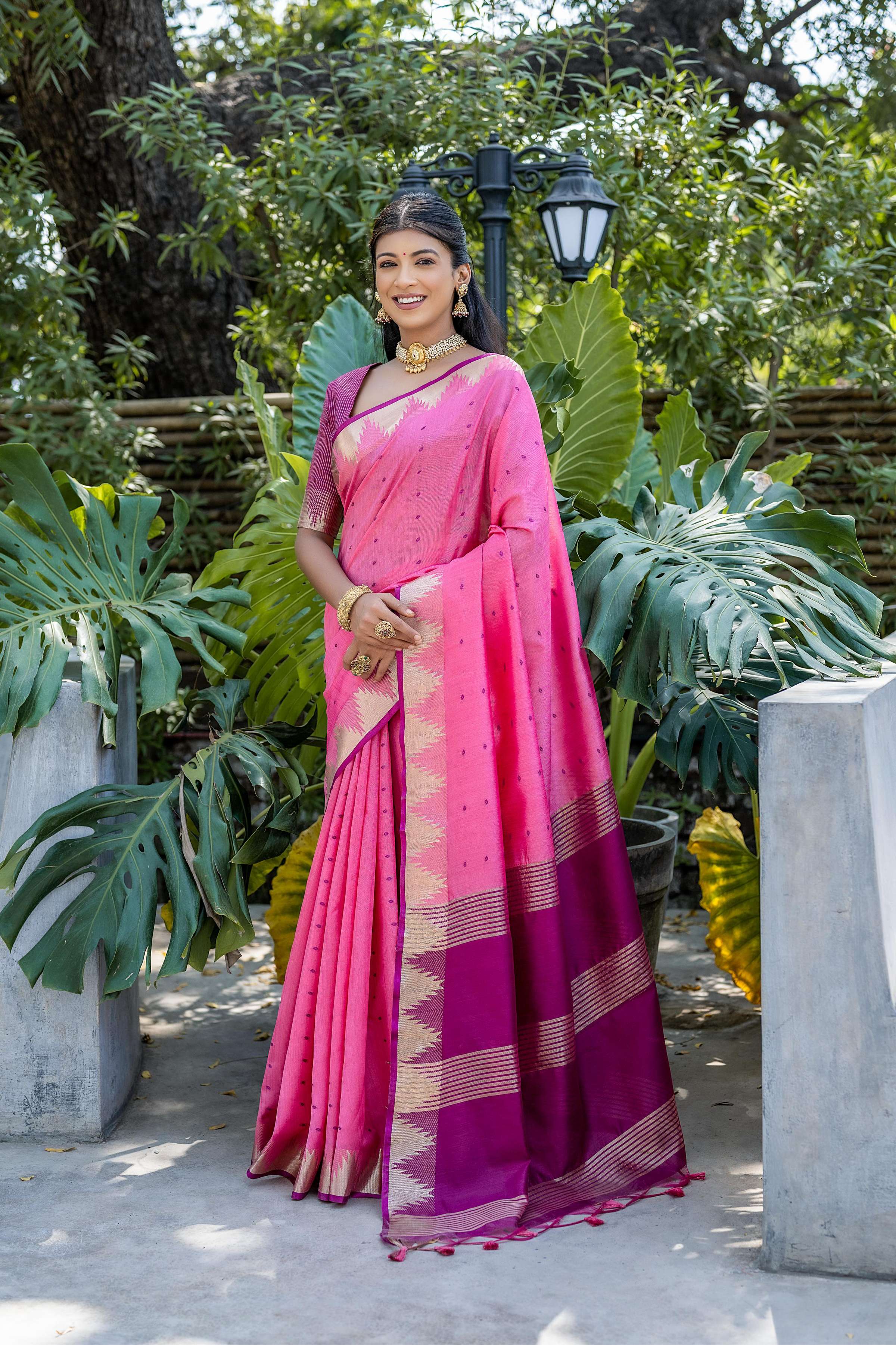 Pink Tussar Silk Saree with Traditional Temple Border & Zari