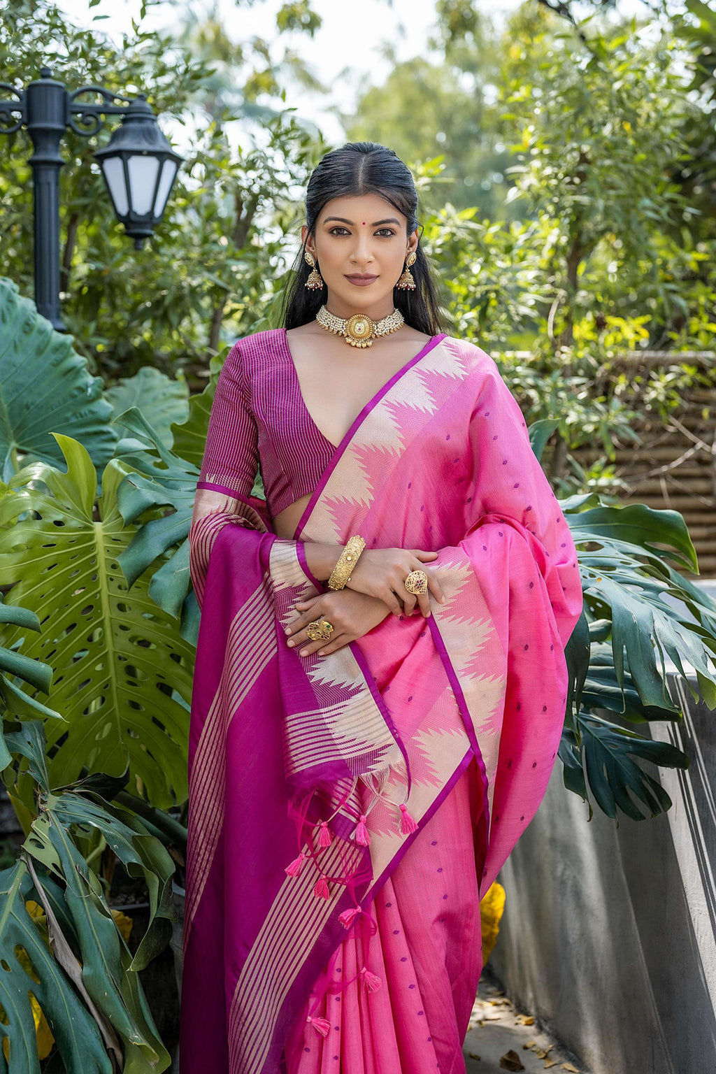 Pink Tussar Silk Saree with Traditional Temple Border & Zari