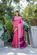 Pink semi tussar silk saree with traditional zari temple border and blouse