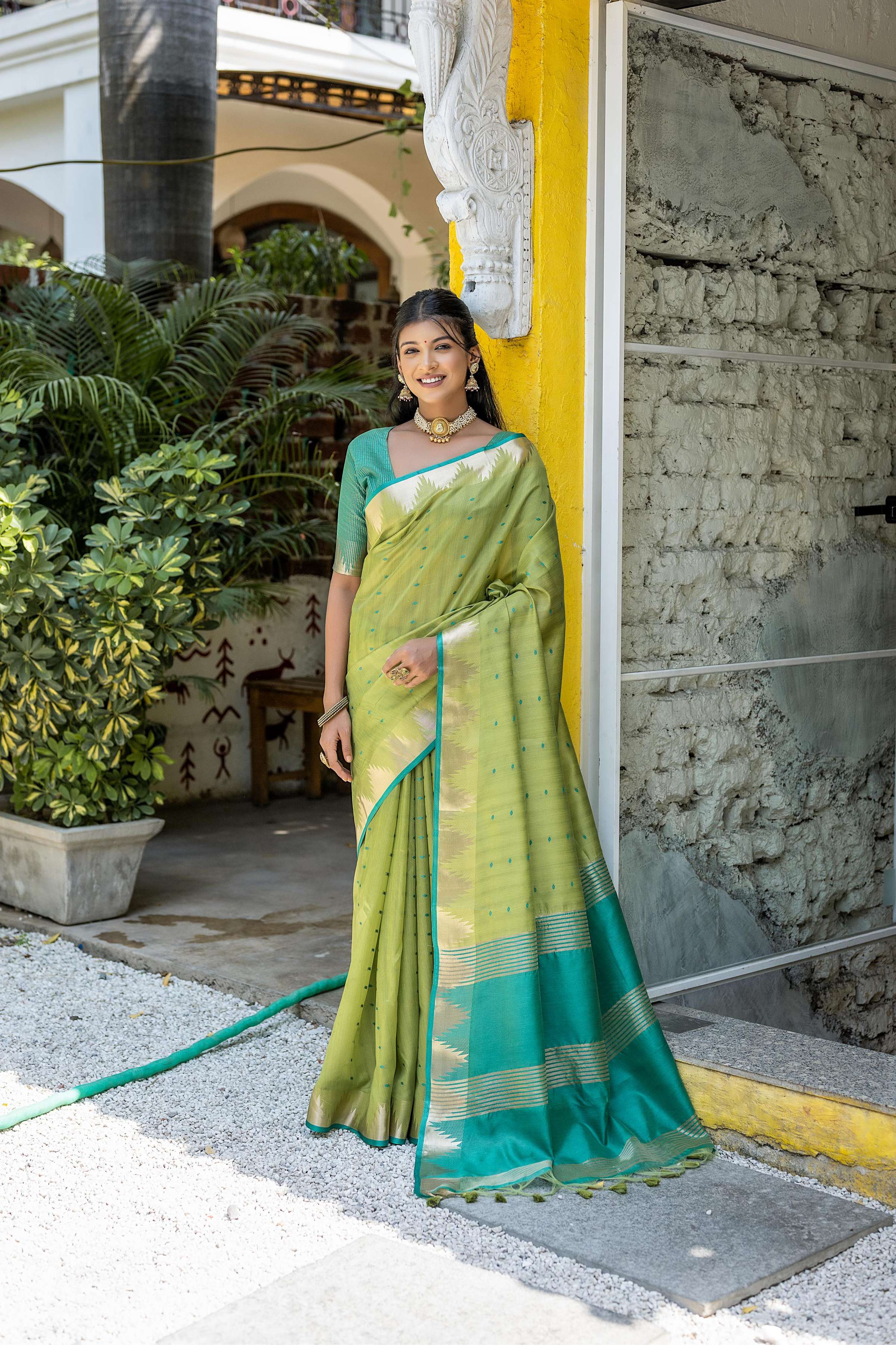 Green Tussar Silk Saree with Traditional Temple Border & Zari