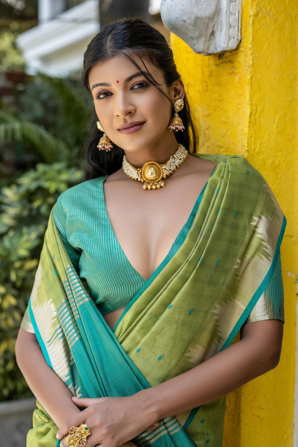Green Tussar Silk Saree with Traditional Temple Border & Zari