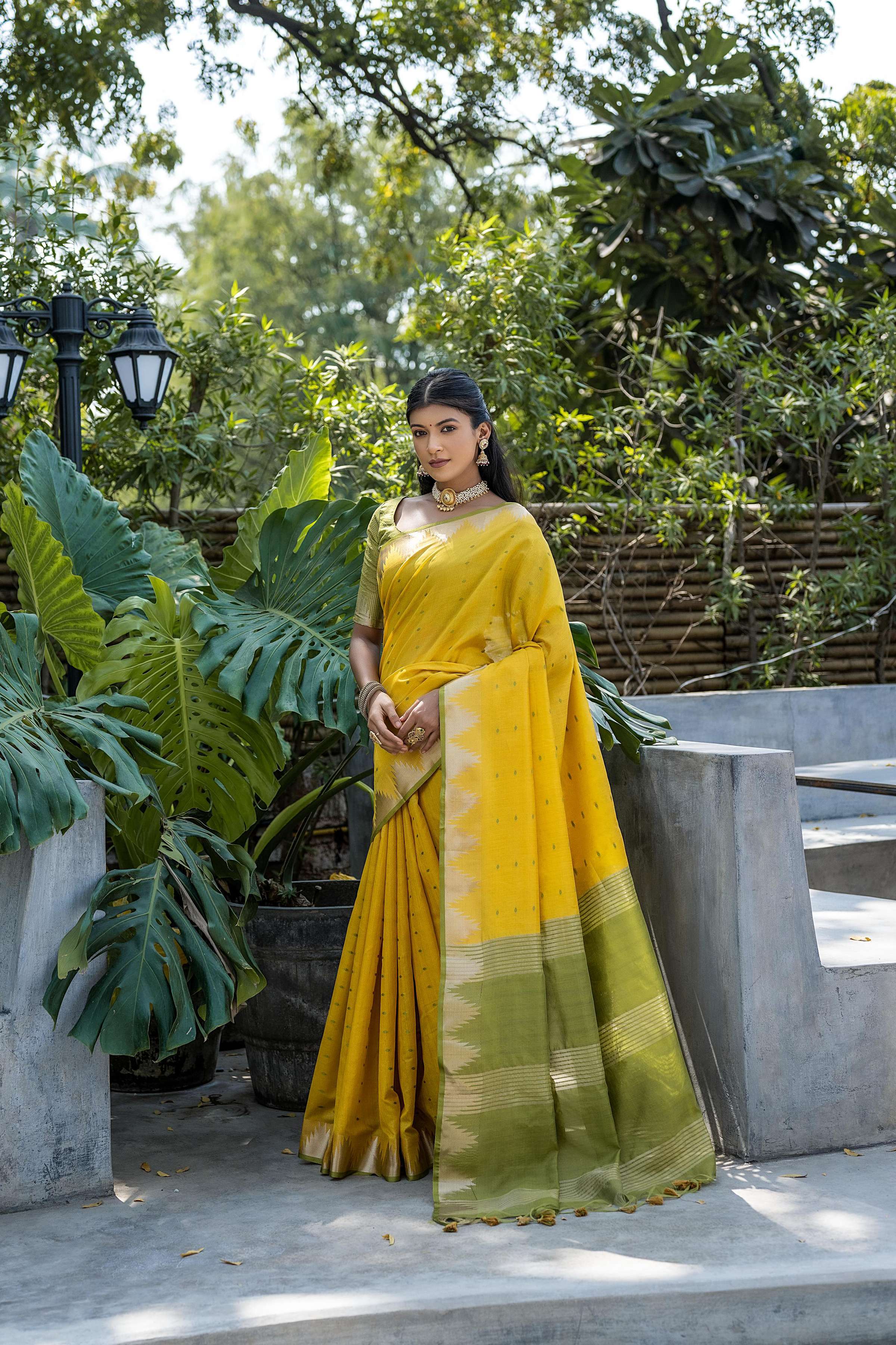Yellow Tussar Silk Saree with Temple Border and Zari Lining