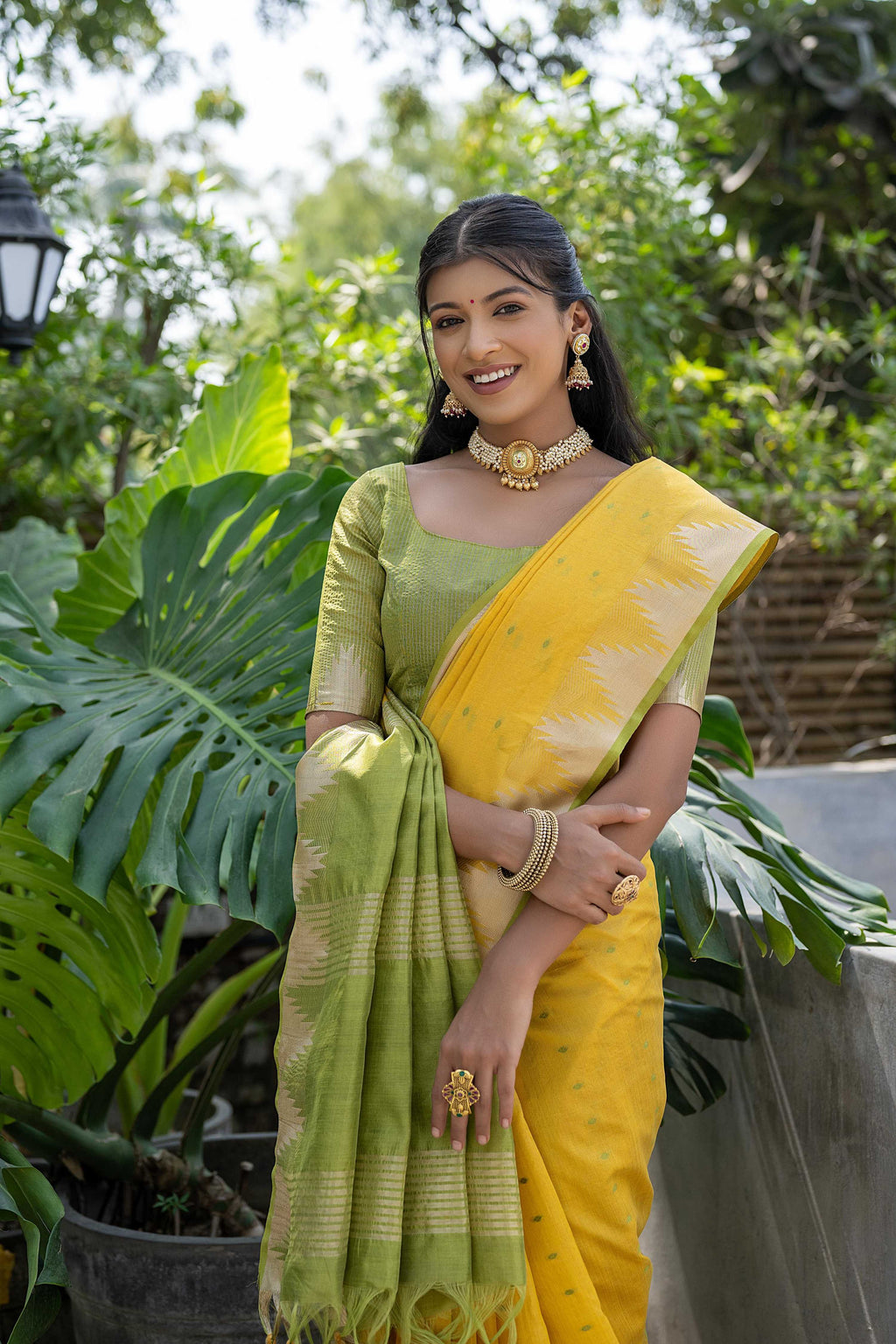 Yellow Tussar Silk Saree with Temple Border and Zari Lining