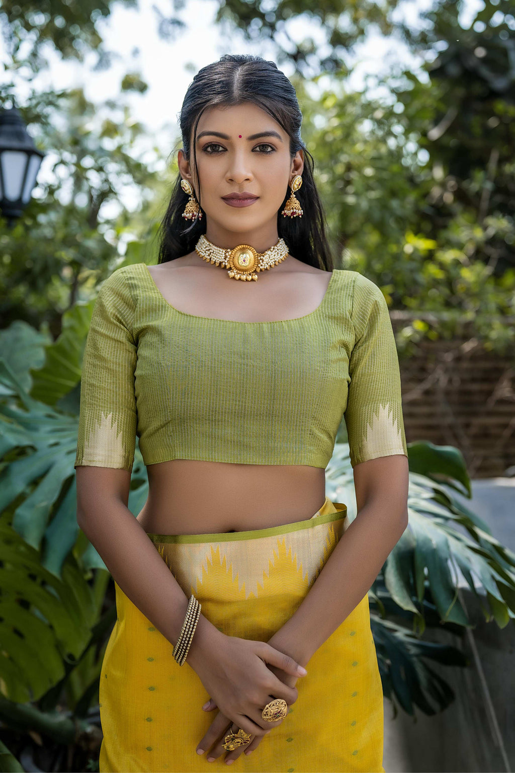 Yellow Tussar Silk Saree with Temple Border and Zari Lining