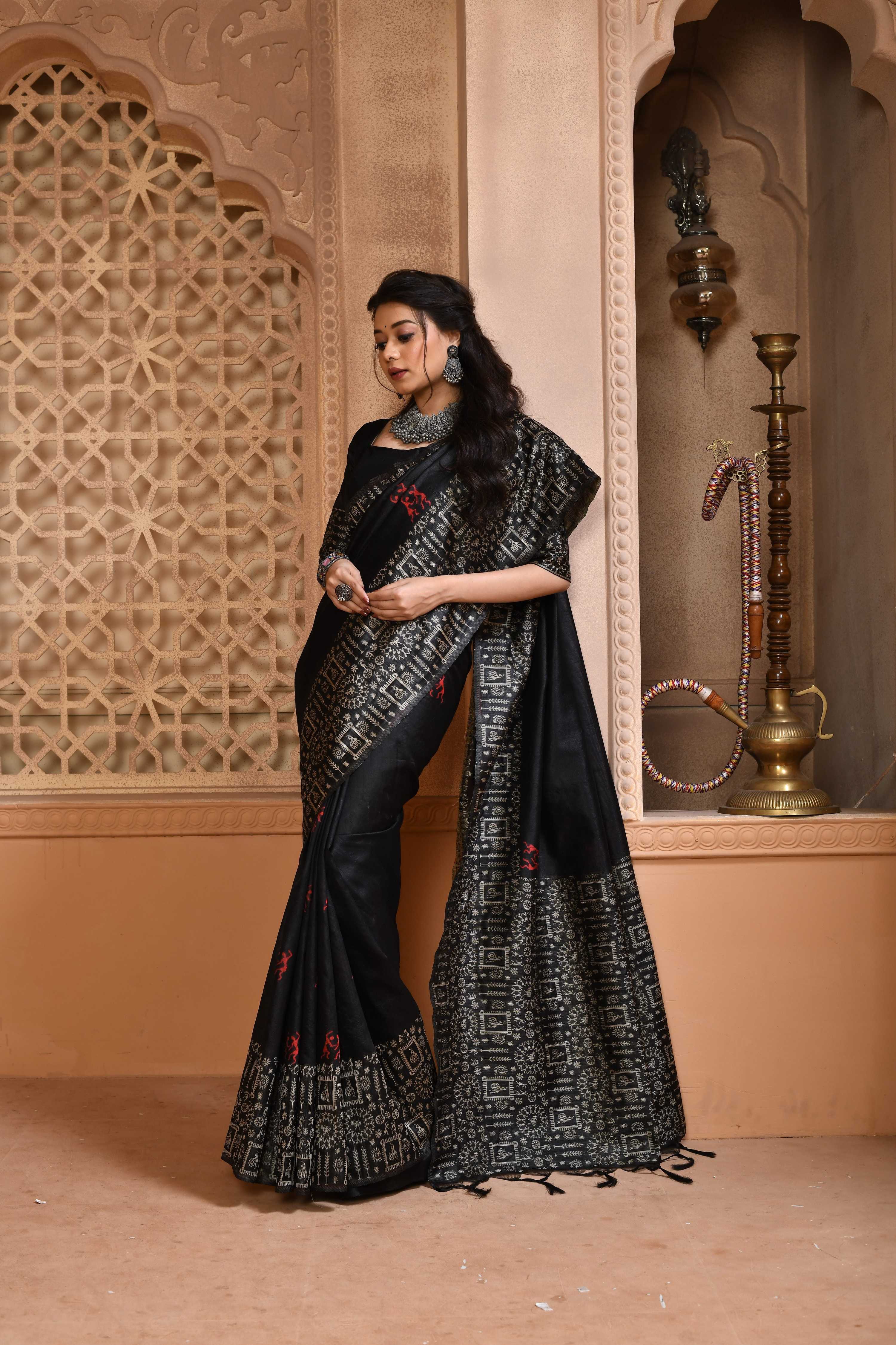 Black Handloom Raw Silk Saree with Weaving Pallu and Blouse
