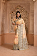 Cream handloom raw silk saree with weaving pallu and matching blouse piece