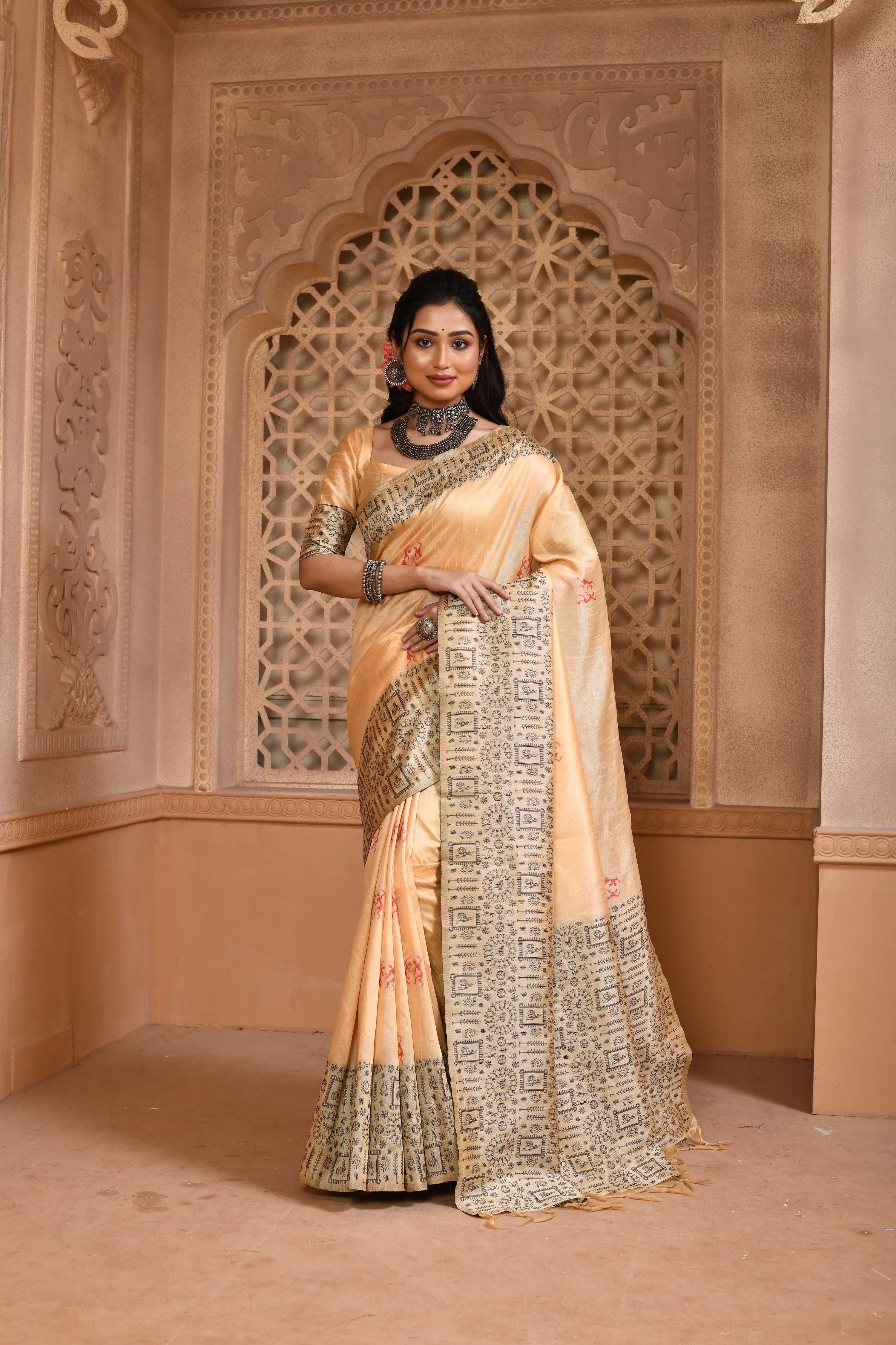 Cream handloom raw silk saree with weaving pallu and matching blouse piece