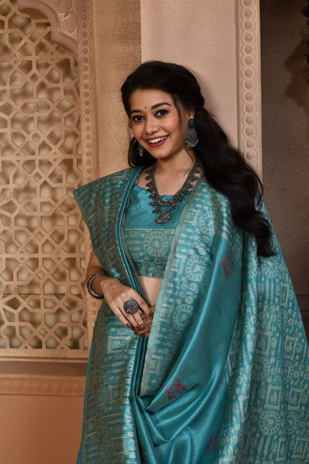 Firozi Handloom Raw Silk Saree with Woven Pallu and Blouse