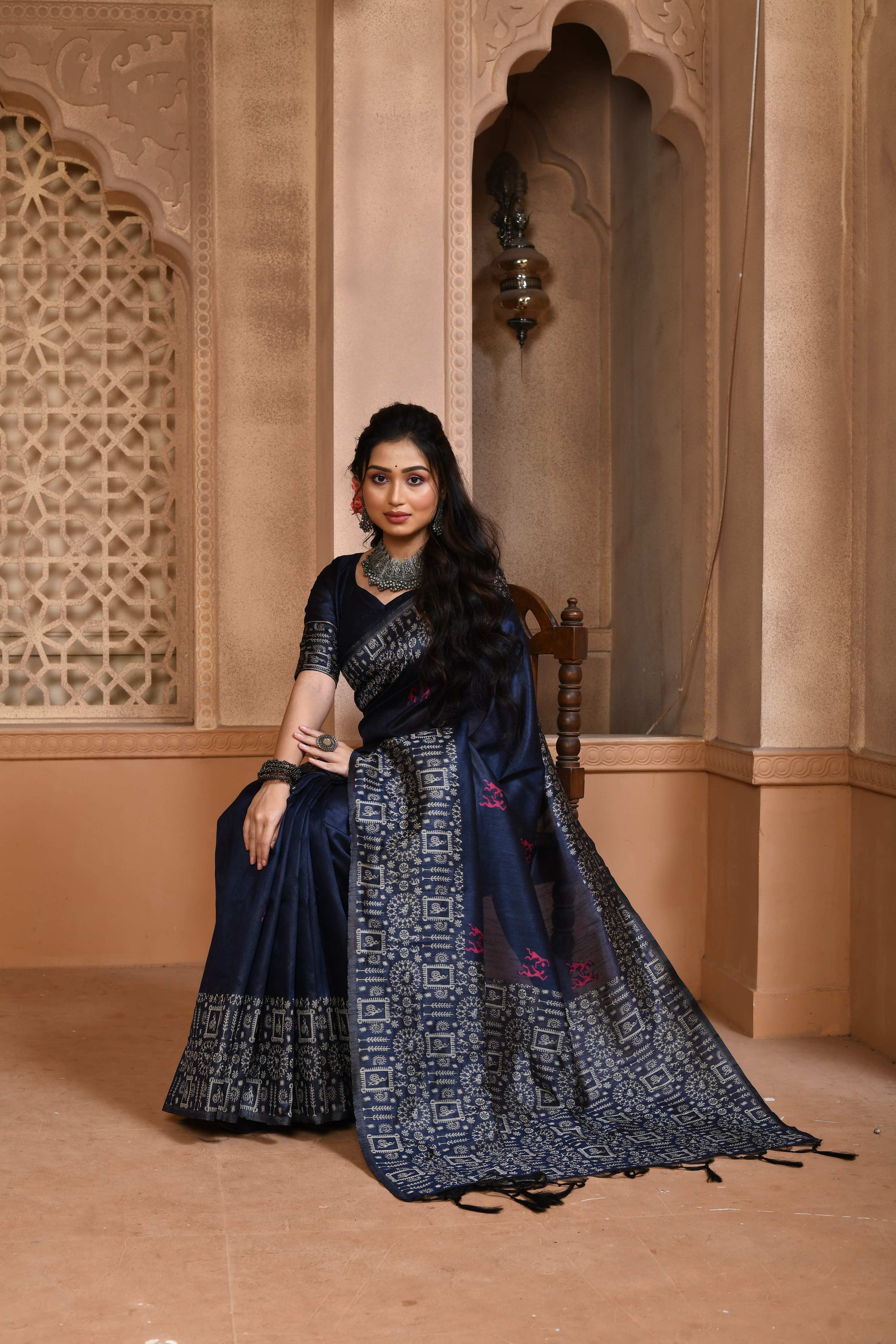 Navy Blue Handloom Raw Silk Saree with Weaving Pallu & Blouse