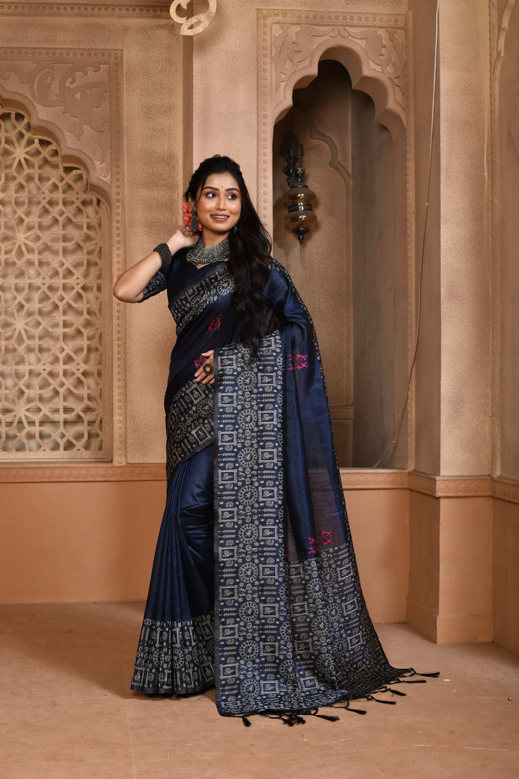 Navy Blue handloom raw silk saree with elegant weaving pallu detail