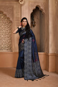 Navy Blue handloom raw silk saree with elegant weaving pallu detail