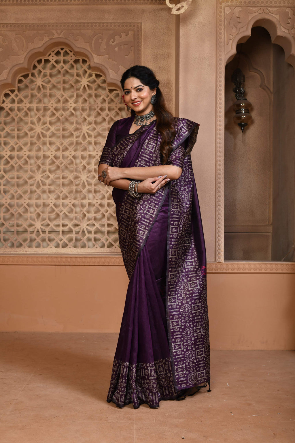 Women's Purple Handloom Raw Silk Saree with Weaving Pallu & Blouse