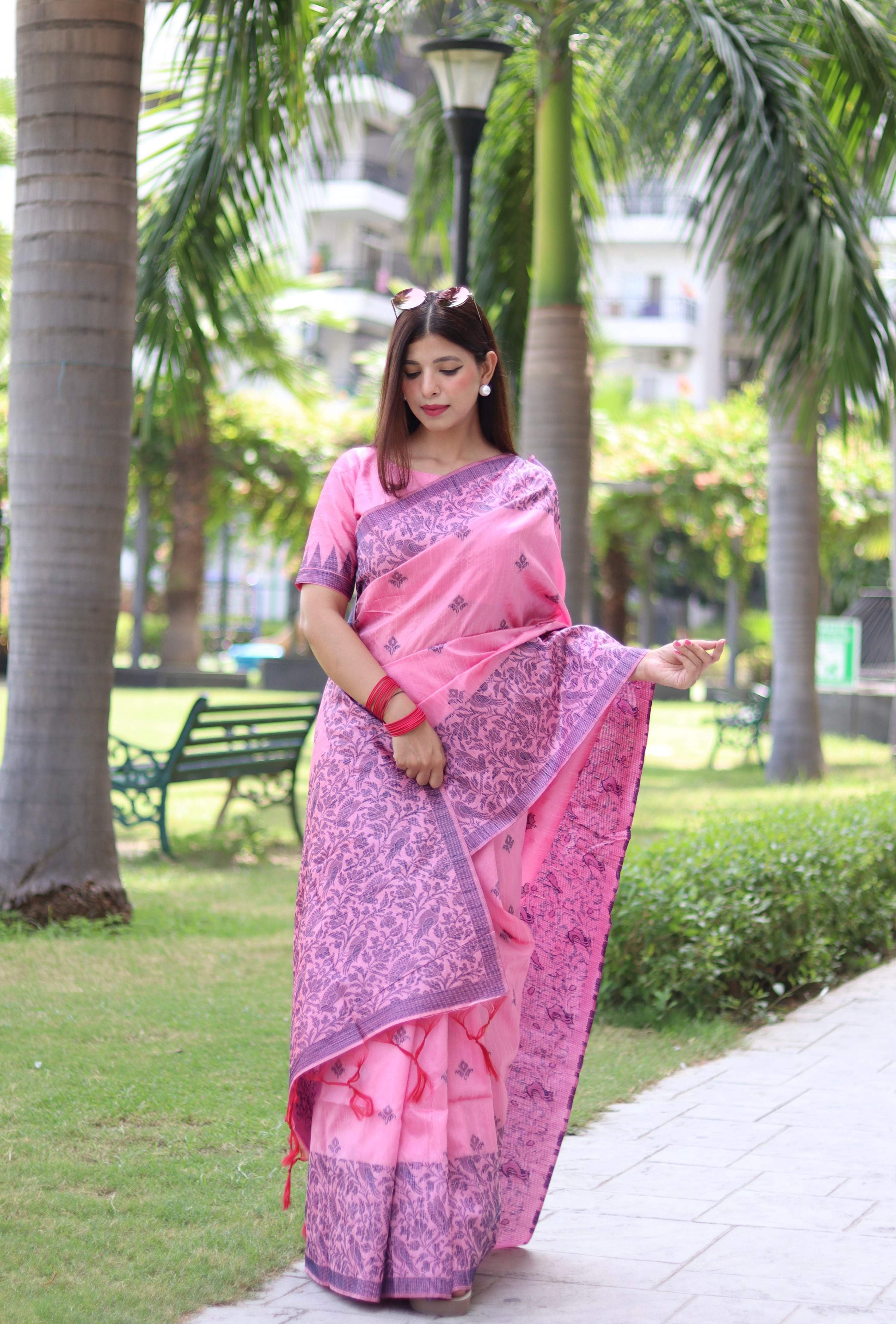 Baby Pink Handloom Raw Silk Traditional Saree with Blouse