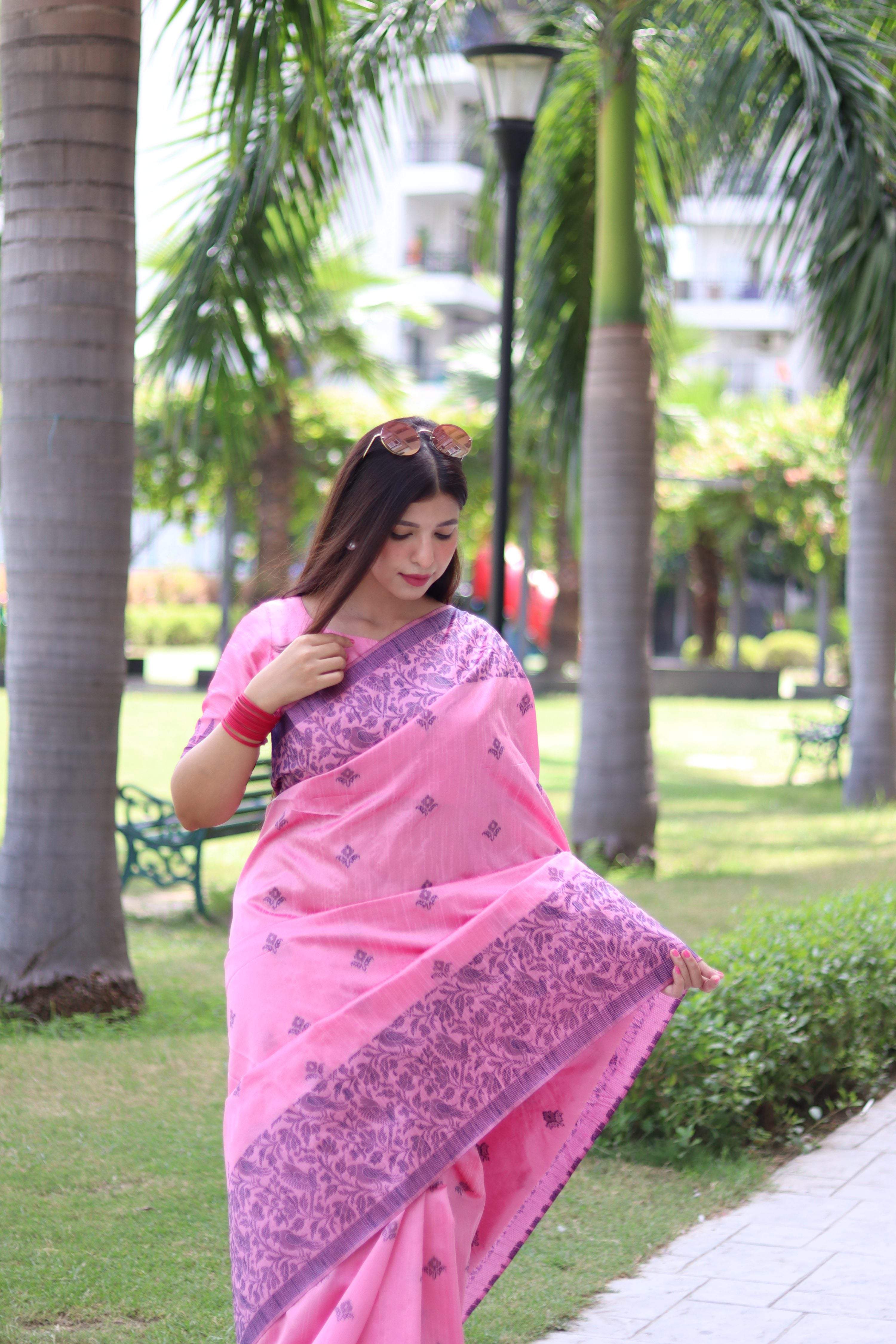 Baby Pink Handloom Raw Silk Traditional Saree with Blouse