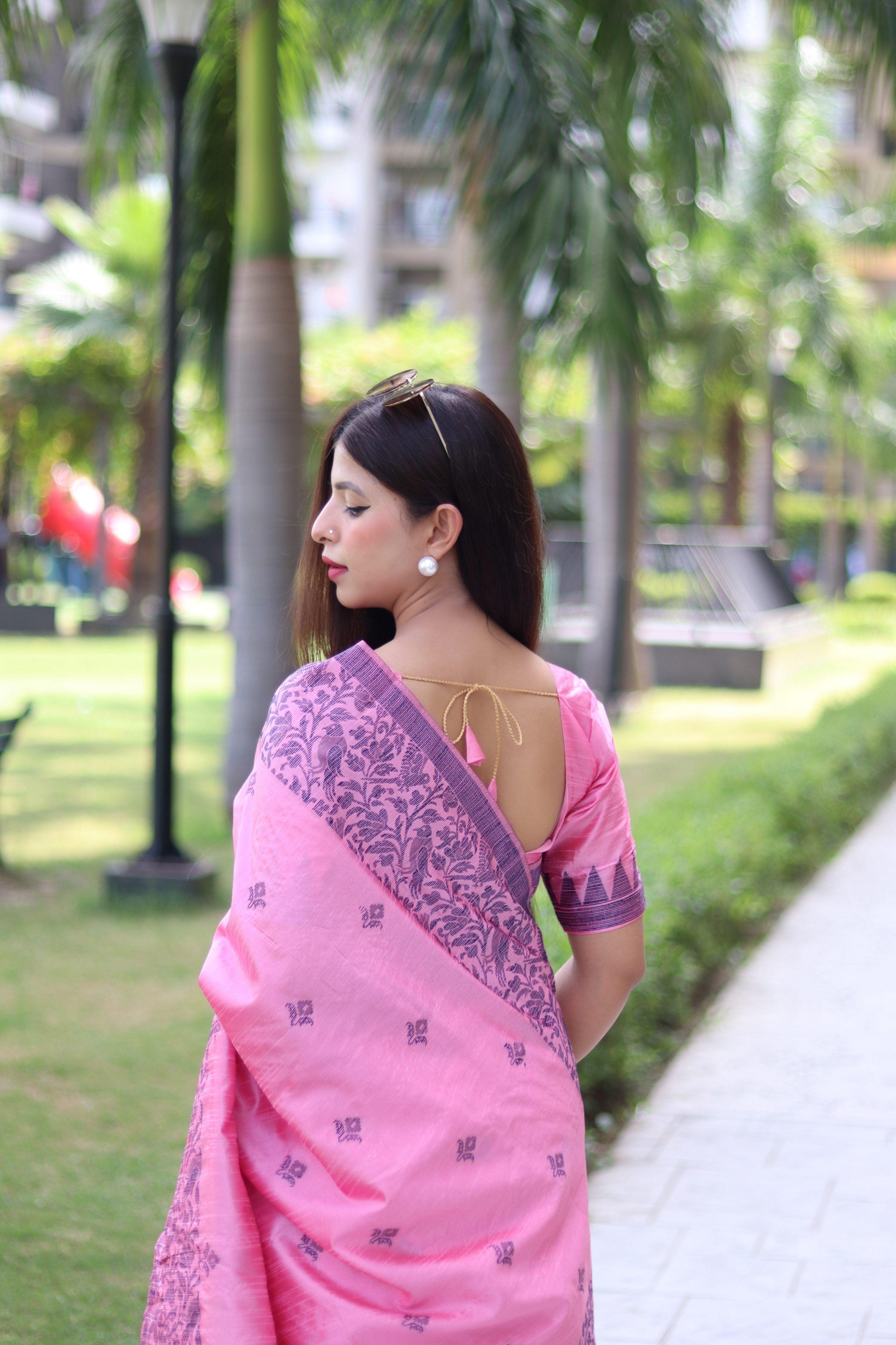 Baby Pink Handloom Raw Silk Traditional Saree with Blouse