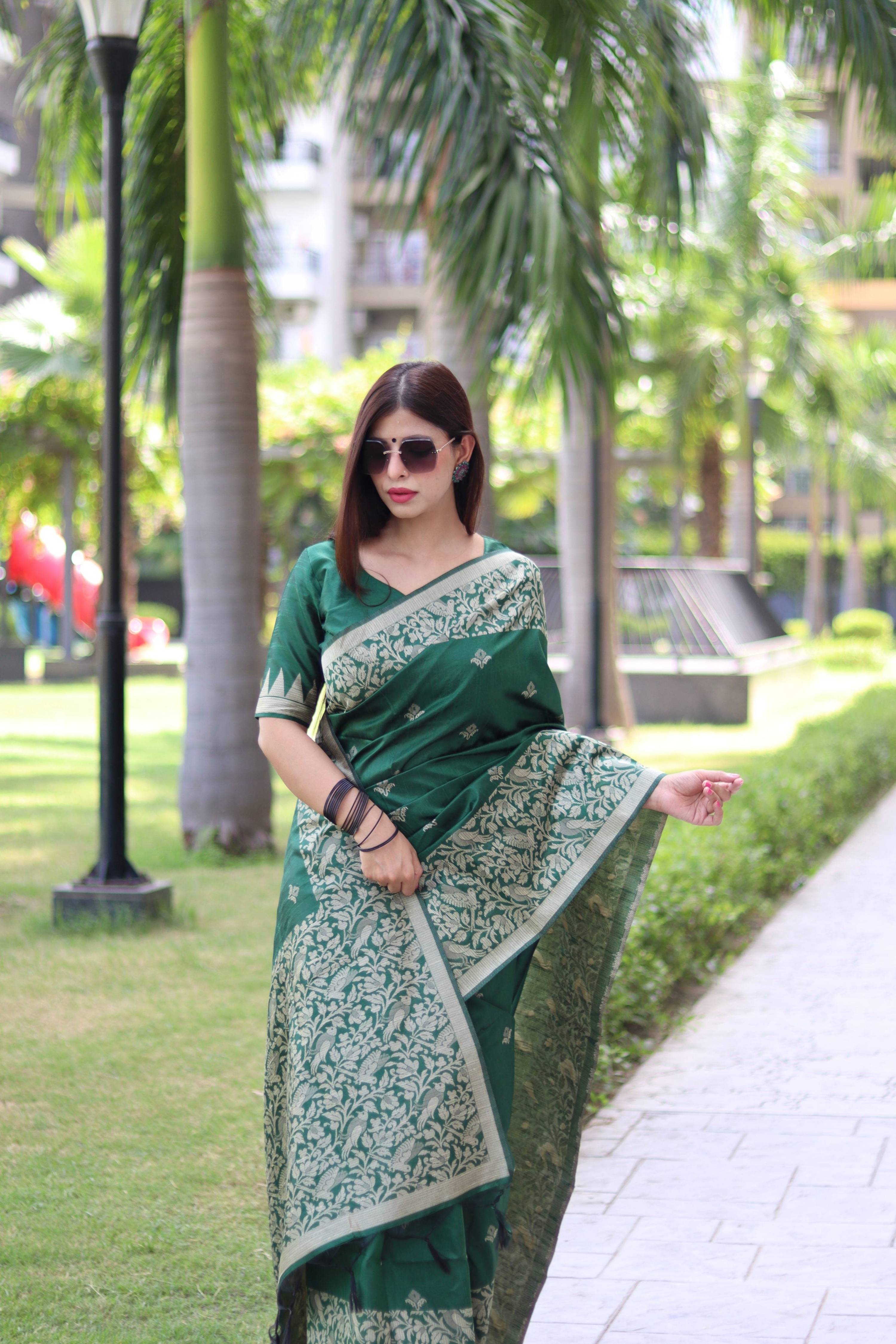 Green Handloom Raw Silk Traditional Saree with Weaving Pallu