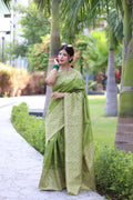 Mehendi color handloom raw silk saree with detailed weaving pallu and matching blouse