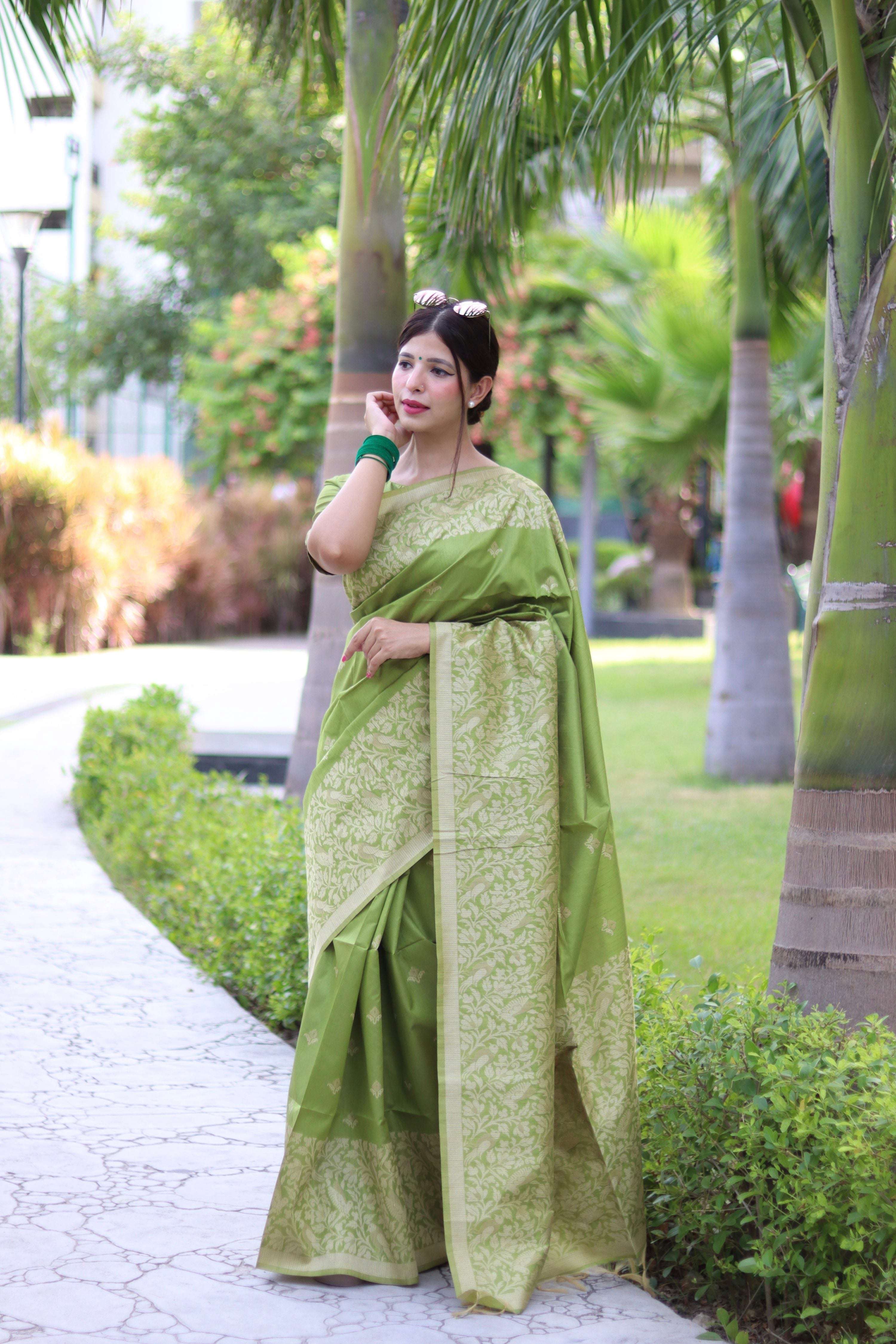 Mehendi color handloom raw silk saree with detailed weaving pallu and matching blouse
