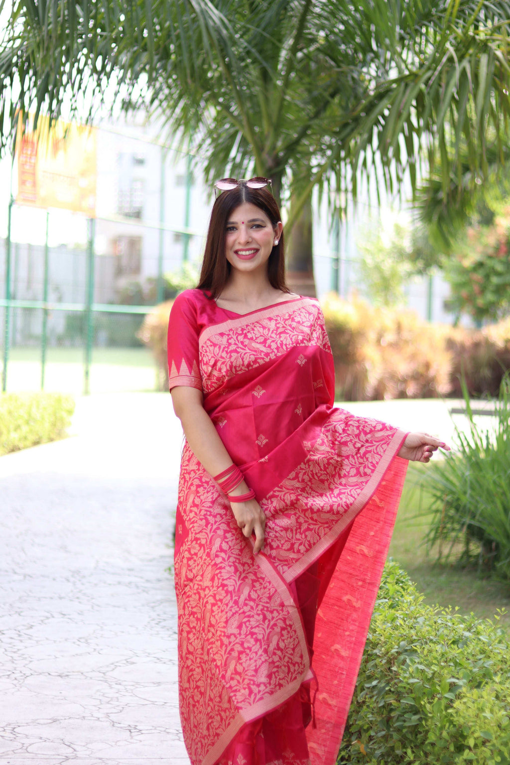 Rani Pink Handloom Raw Silk Saree with Weaving Pallu & Blouse