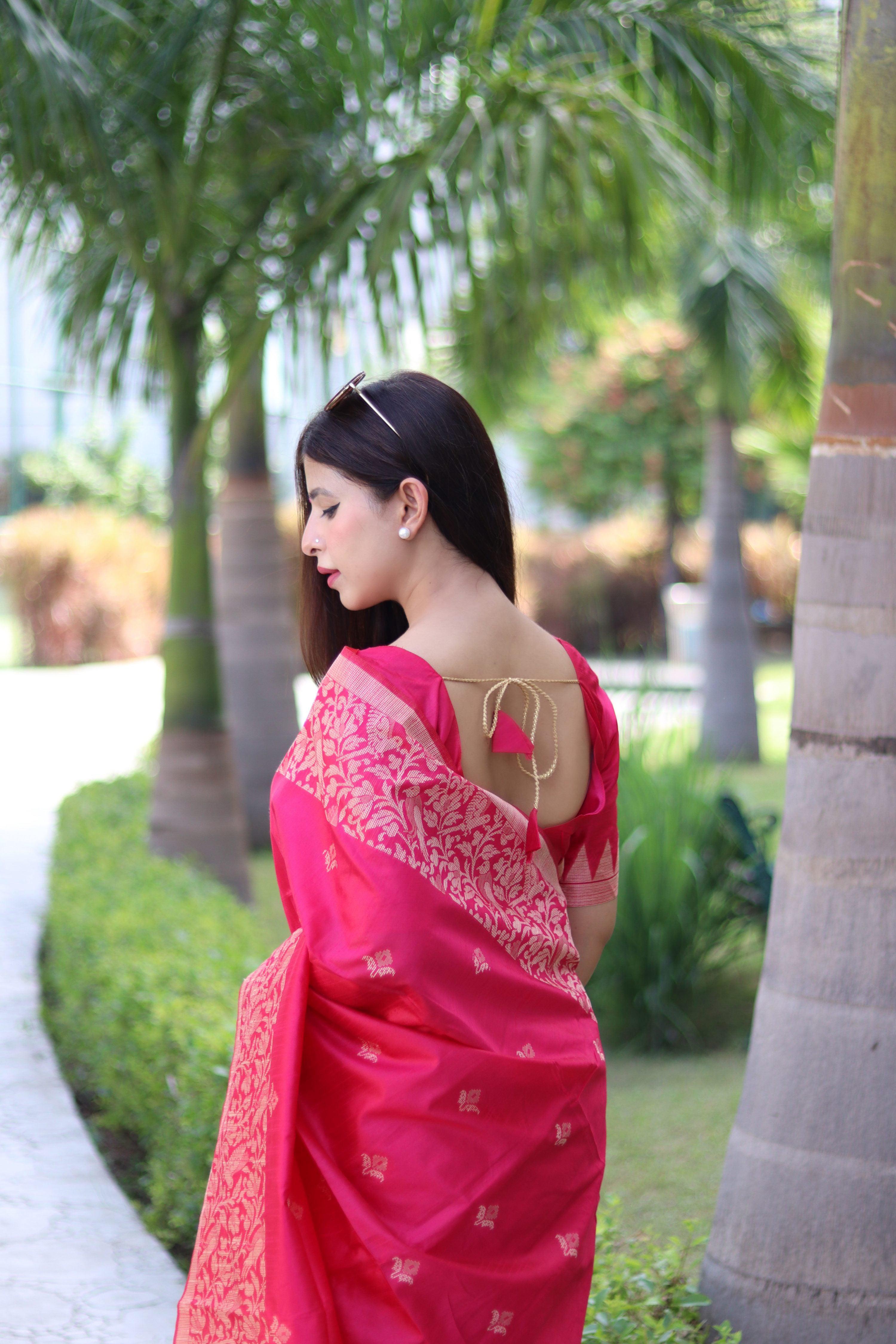 Rani Pink Handloom Raw Silk Saree with Weaving Pallu & Blouse