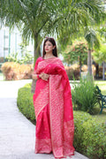 Rani Pink handloom raw silk saree with traditional weaving pallu