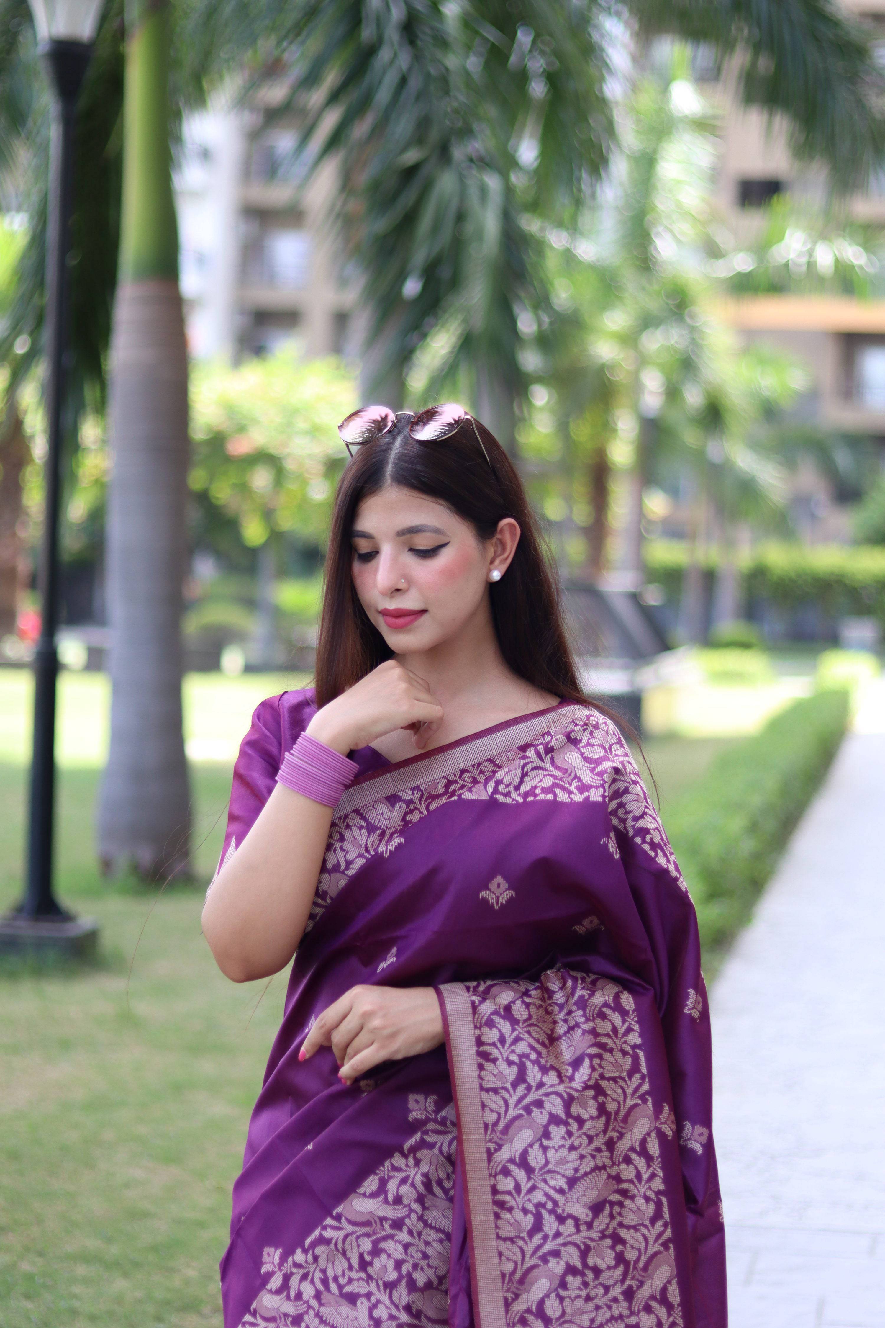 Purple Handloom Raw Silk Traditional Saree with Weaving Pallu