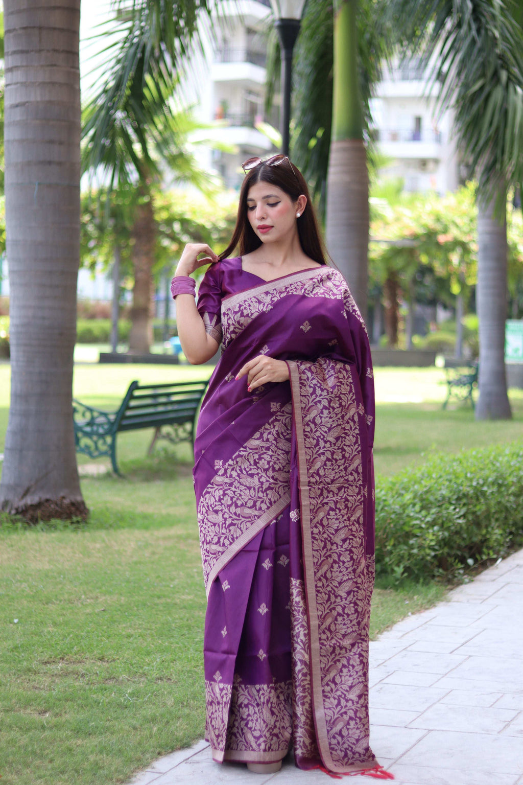 Purple Handloom Raw Silk Saree with detailed weaving pallu design