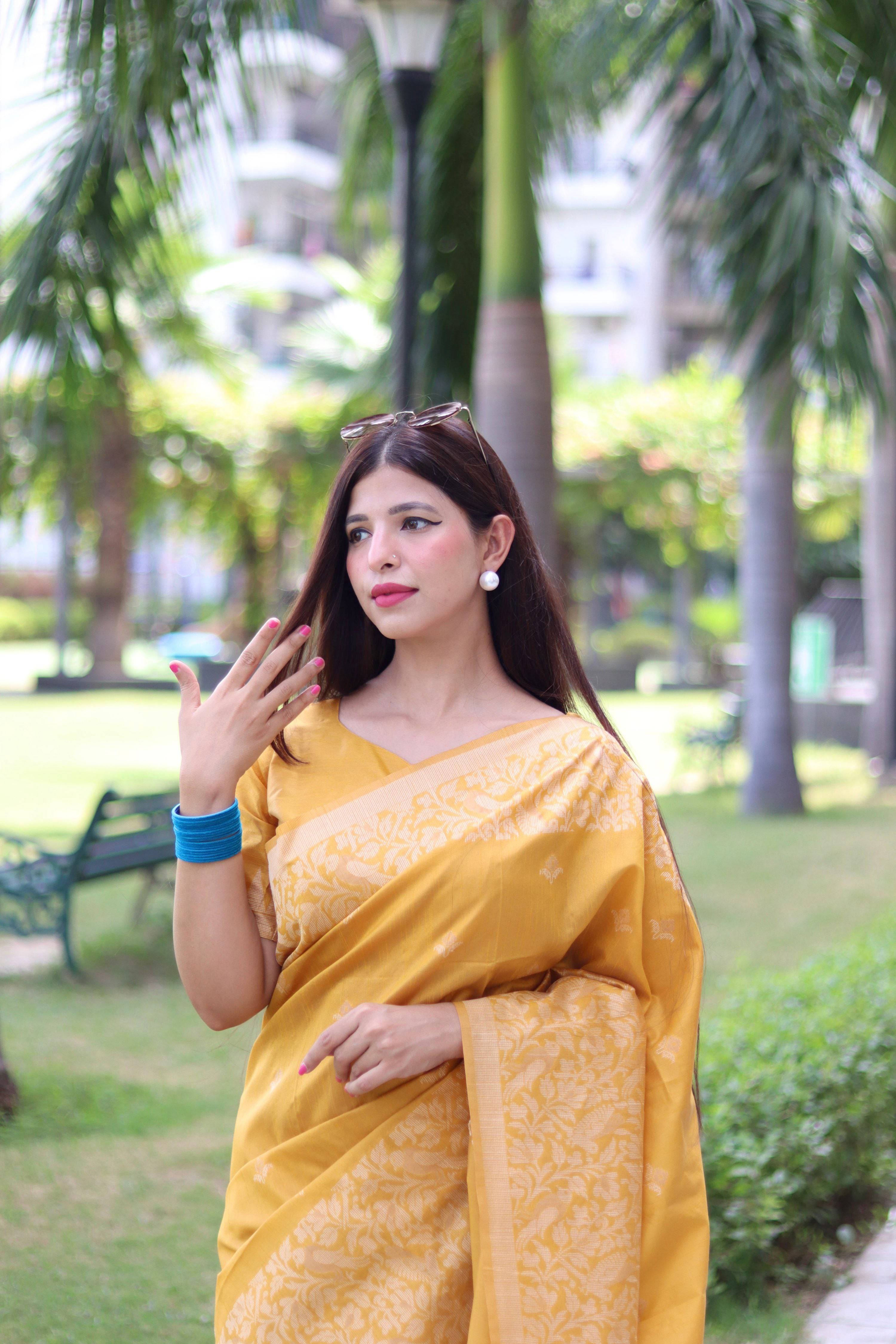 Yellow Handloom Raw Silk Saree with Weaving Pallu