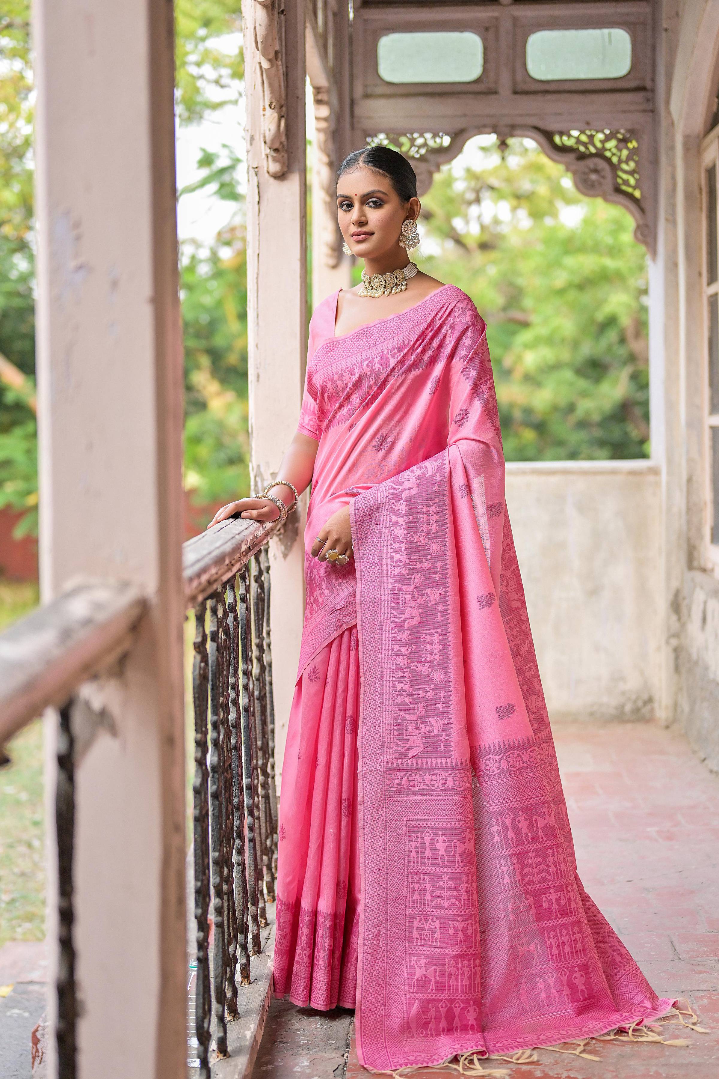 Pink Handloom Raw Silk Saree with Traditional Weaving Pallu