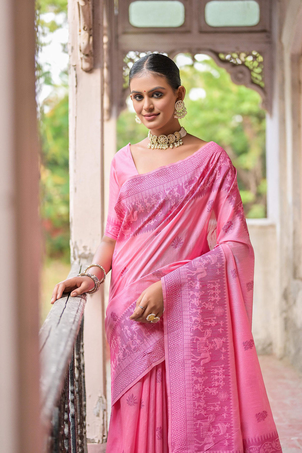 Pink Handloom Raw Silk Saree with Traditional Weaving Pallu