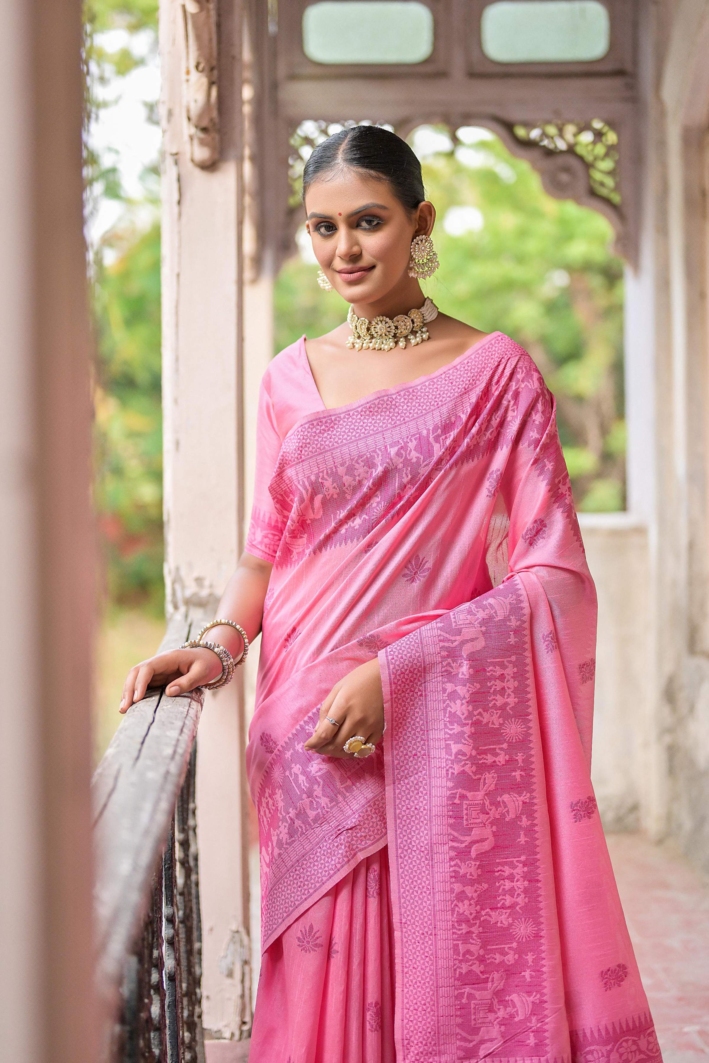 Pink Handloom Raw Silk Saree with Traditional Weaving Pallu