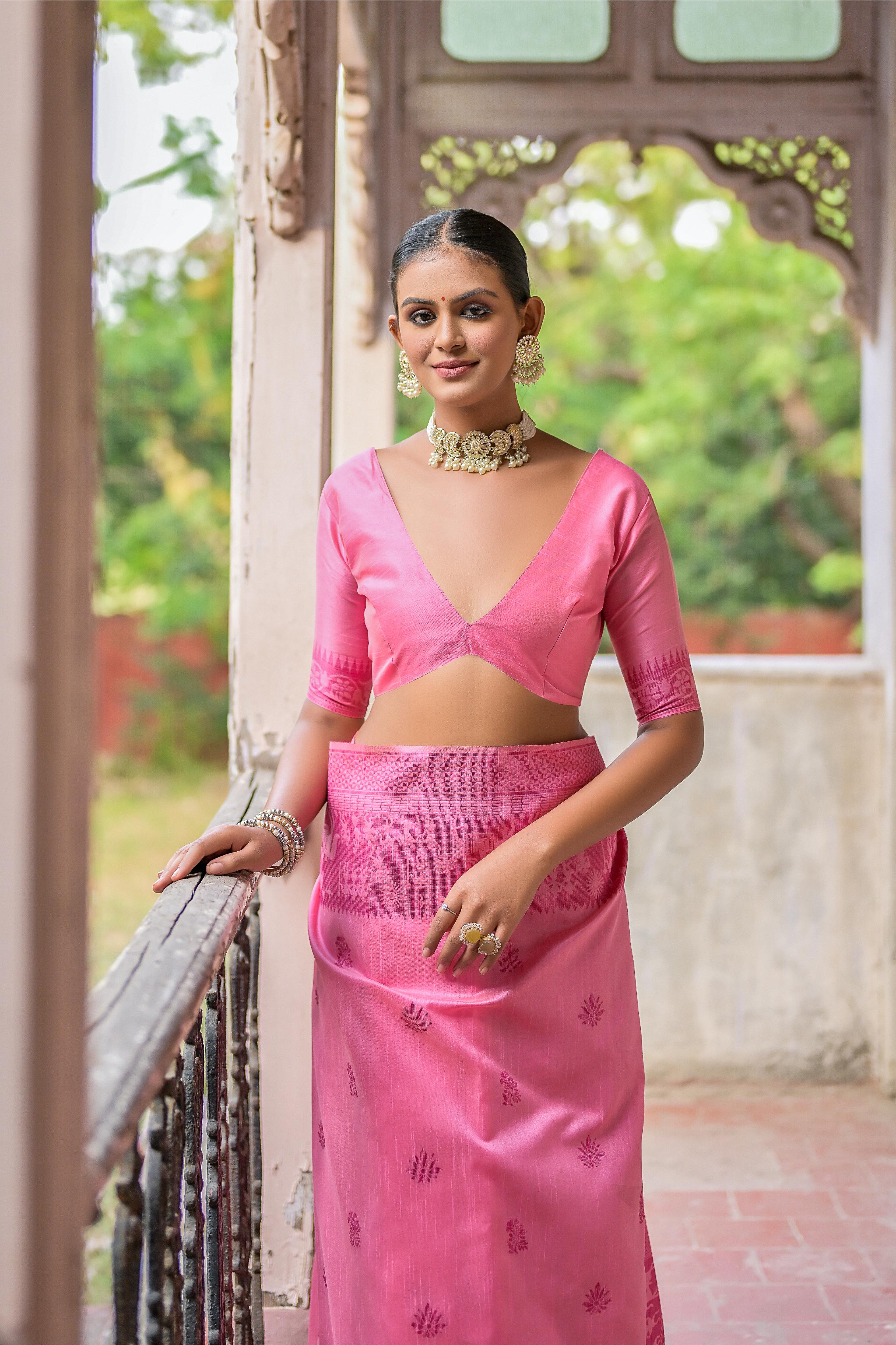 Pink Handloom Raw Silk Saree with Traditional Weaving Pallu